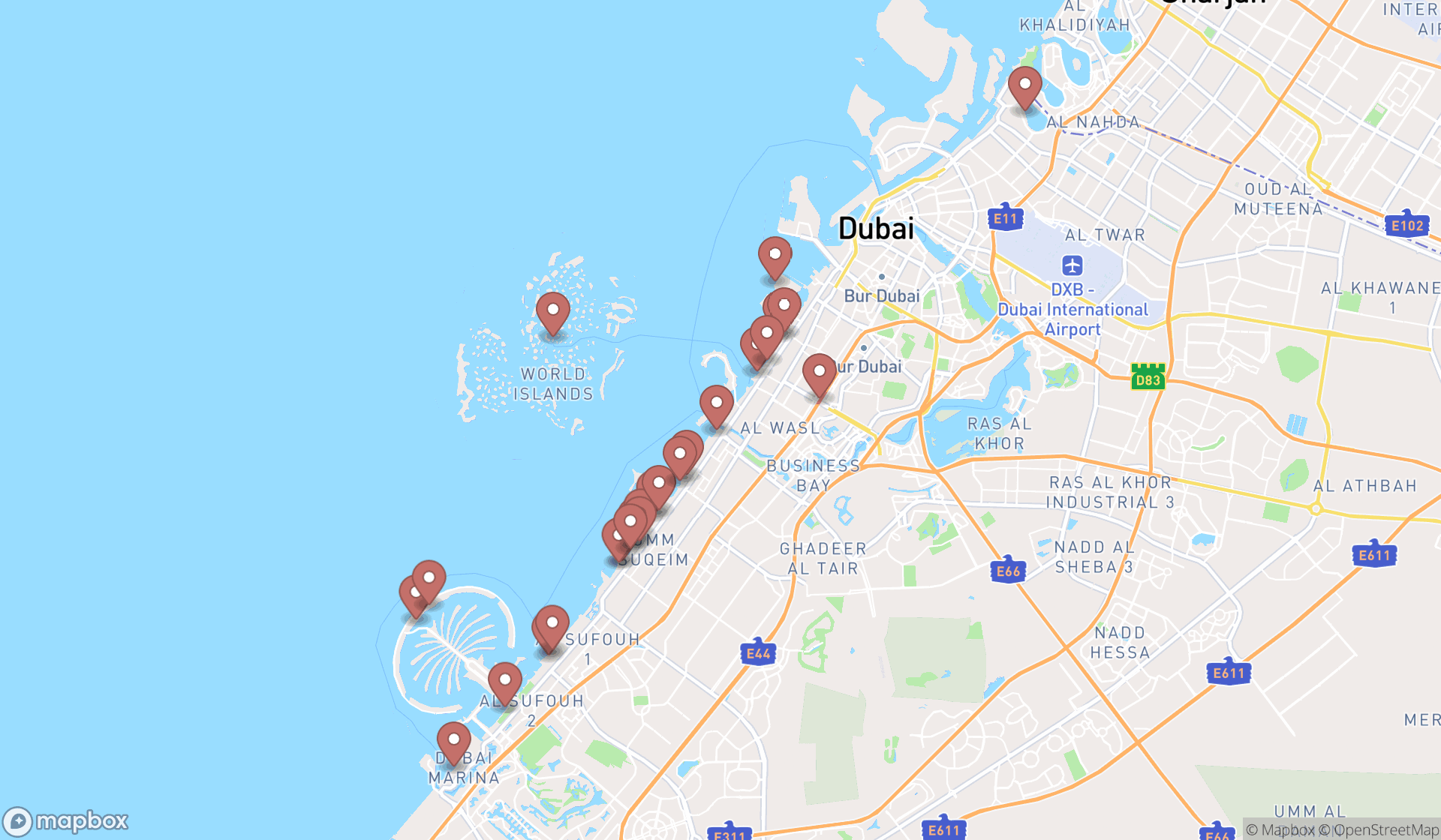 Map showing the search results in Dubai