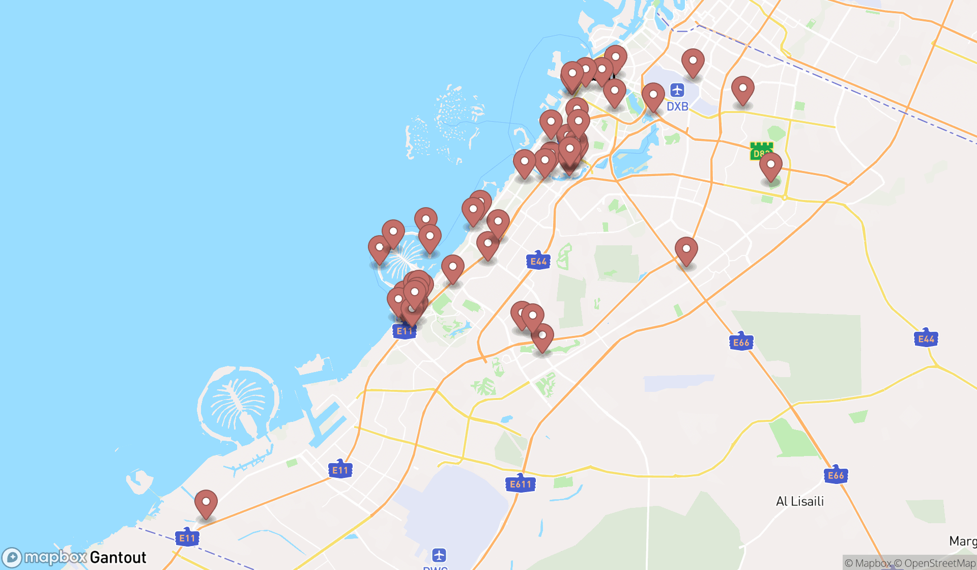 Map showing the search results in Dubai