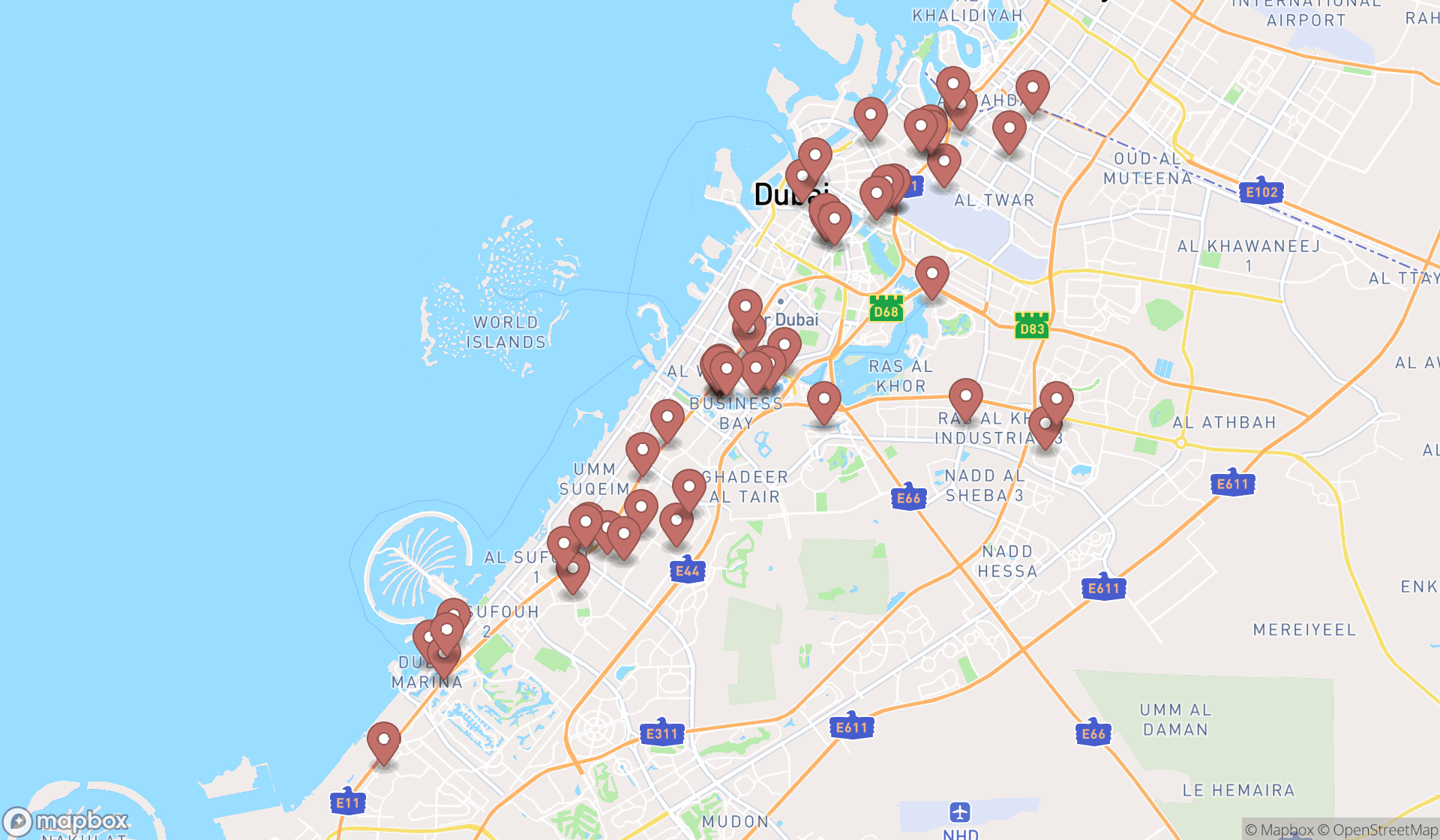 Map showing the search results in Dubai