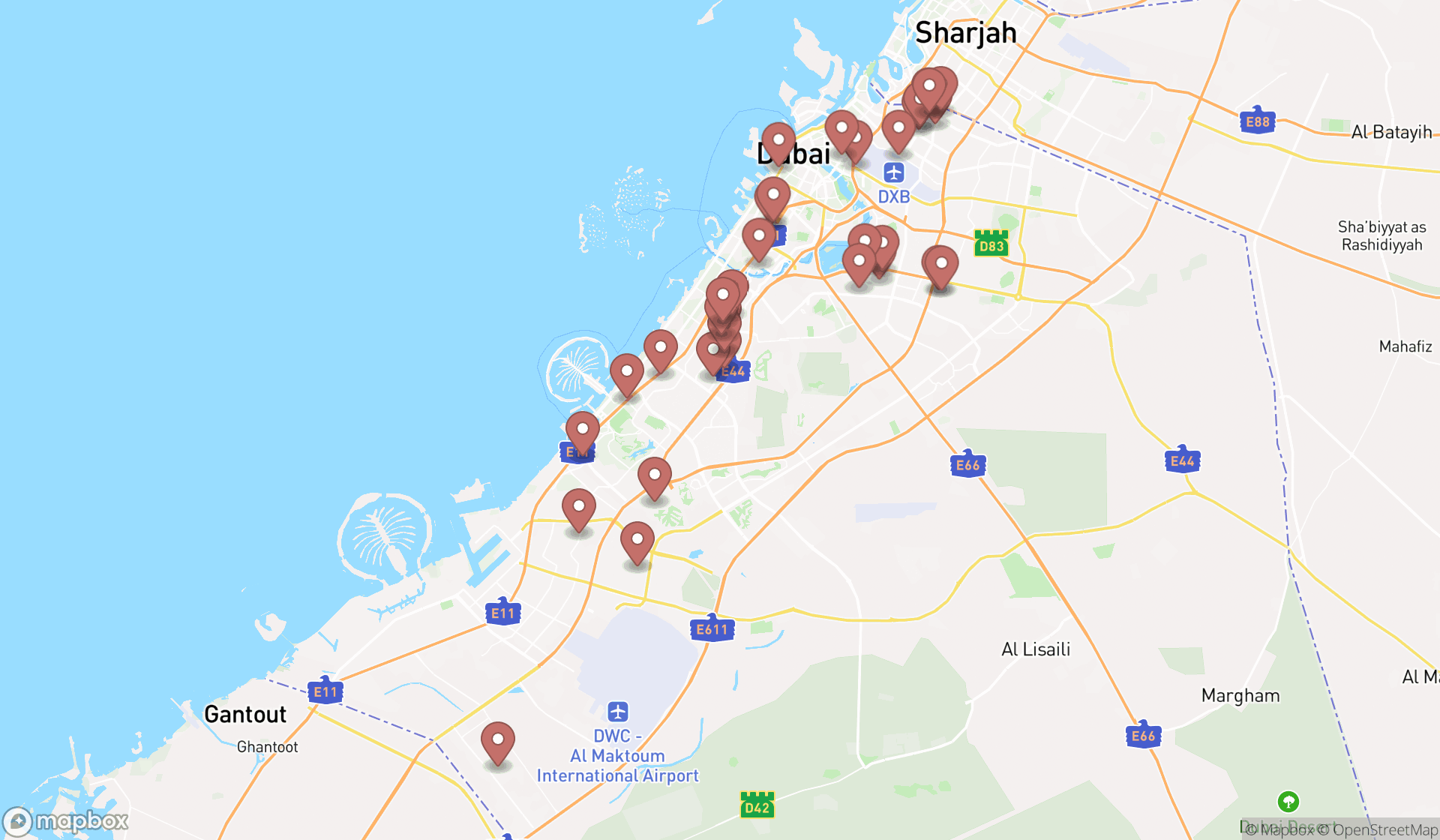 Map showing the search results in Dubai