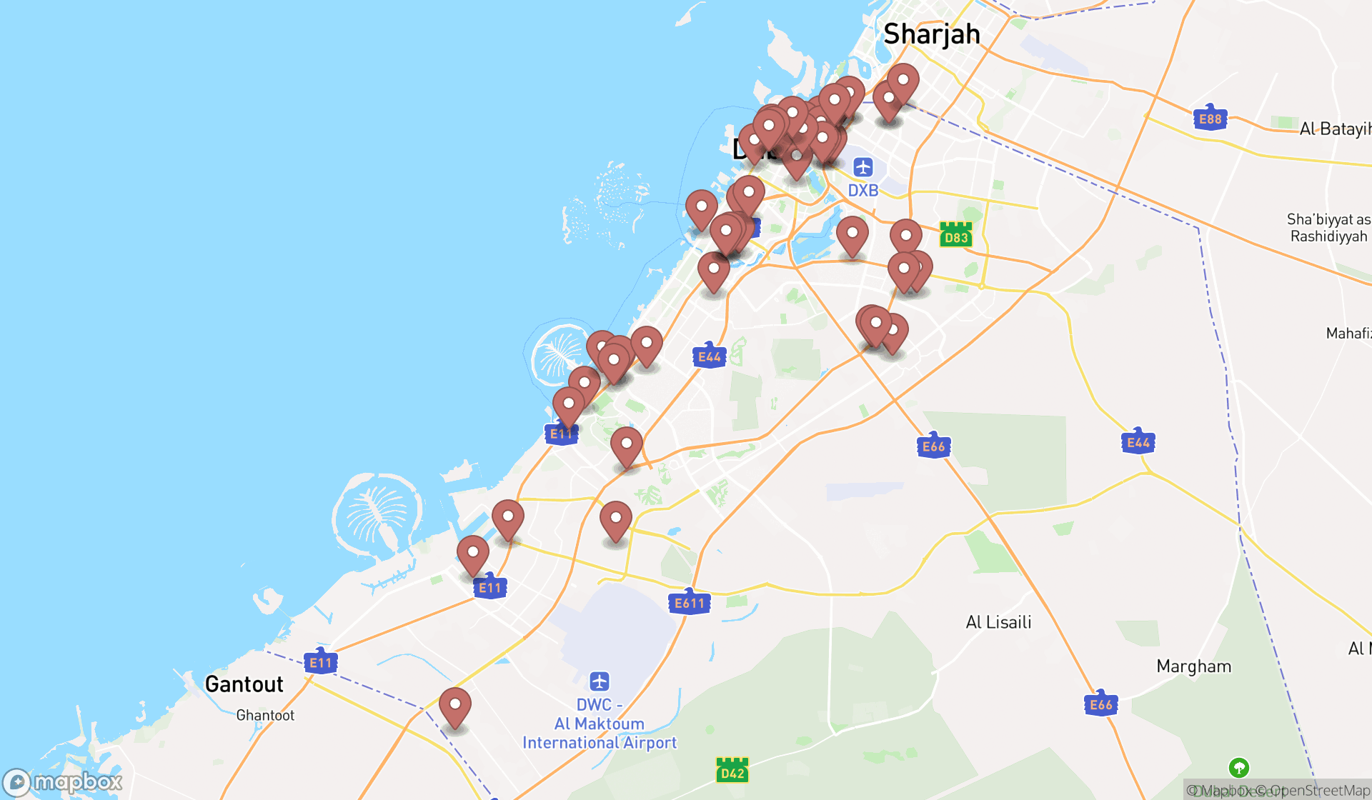 Map showing the search results in Dubai
