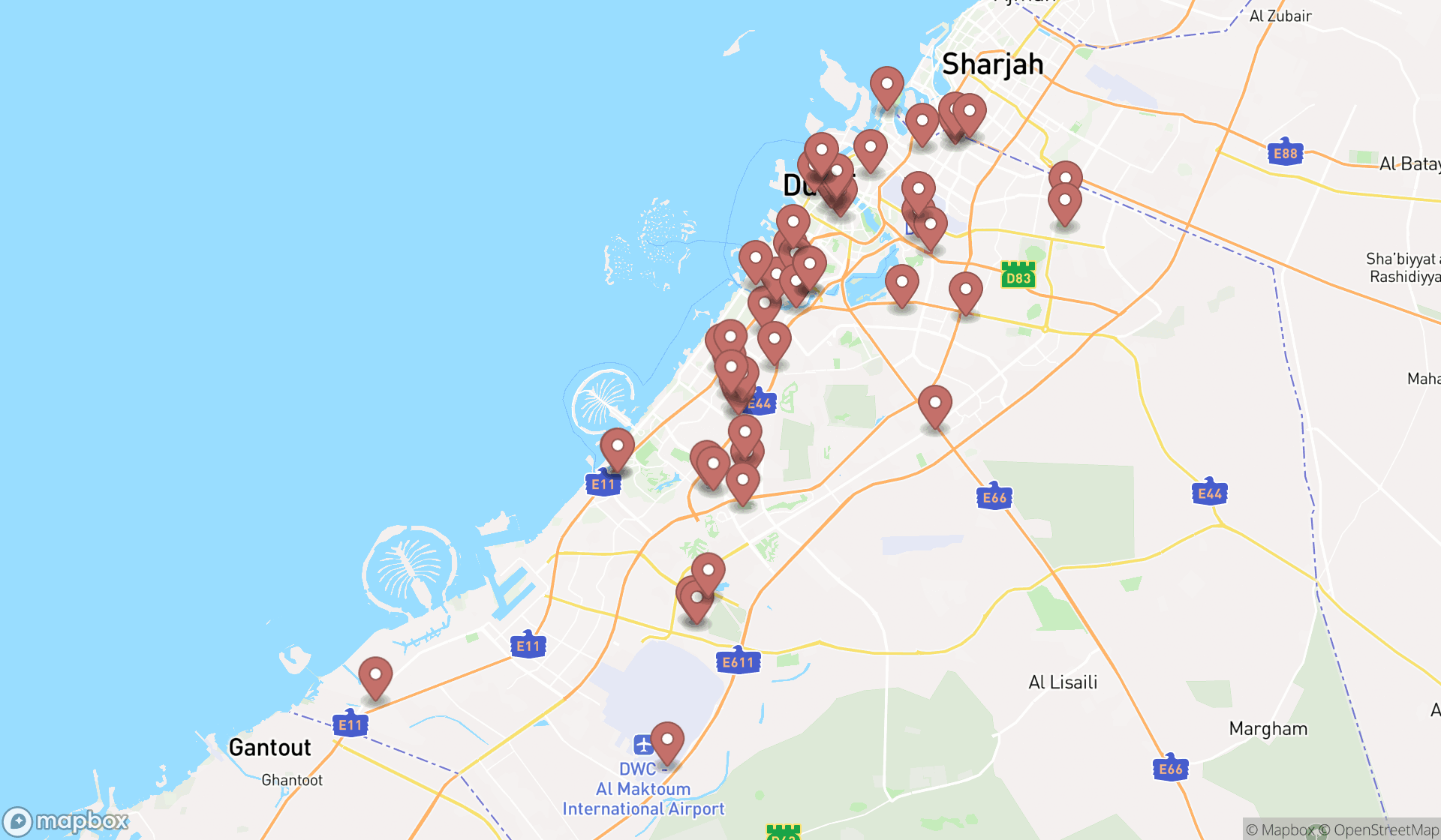 Map showing the search results in Dubai