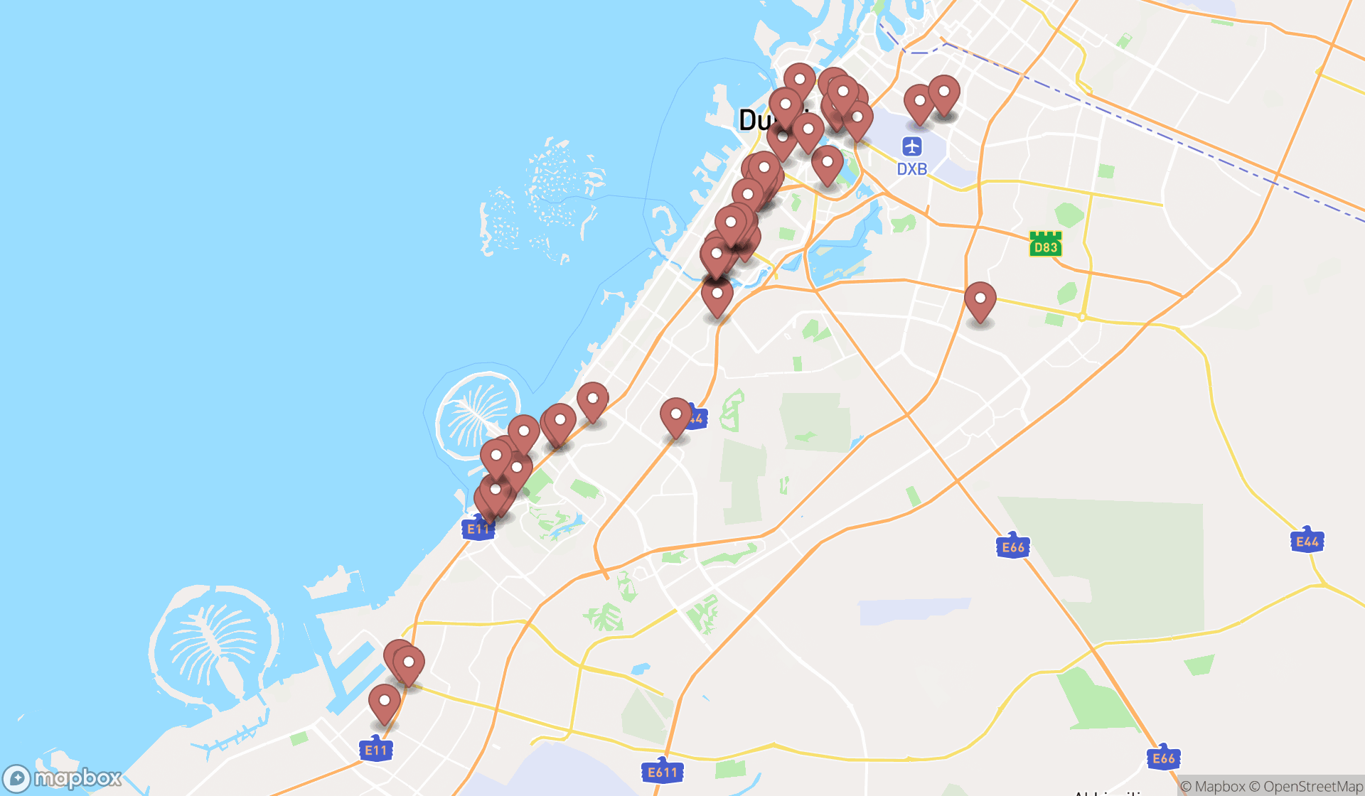 Map showing the search results in Dubai