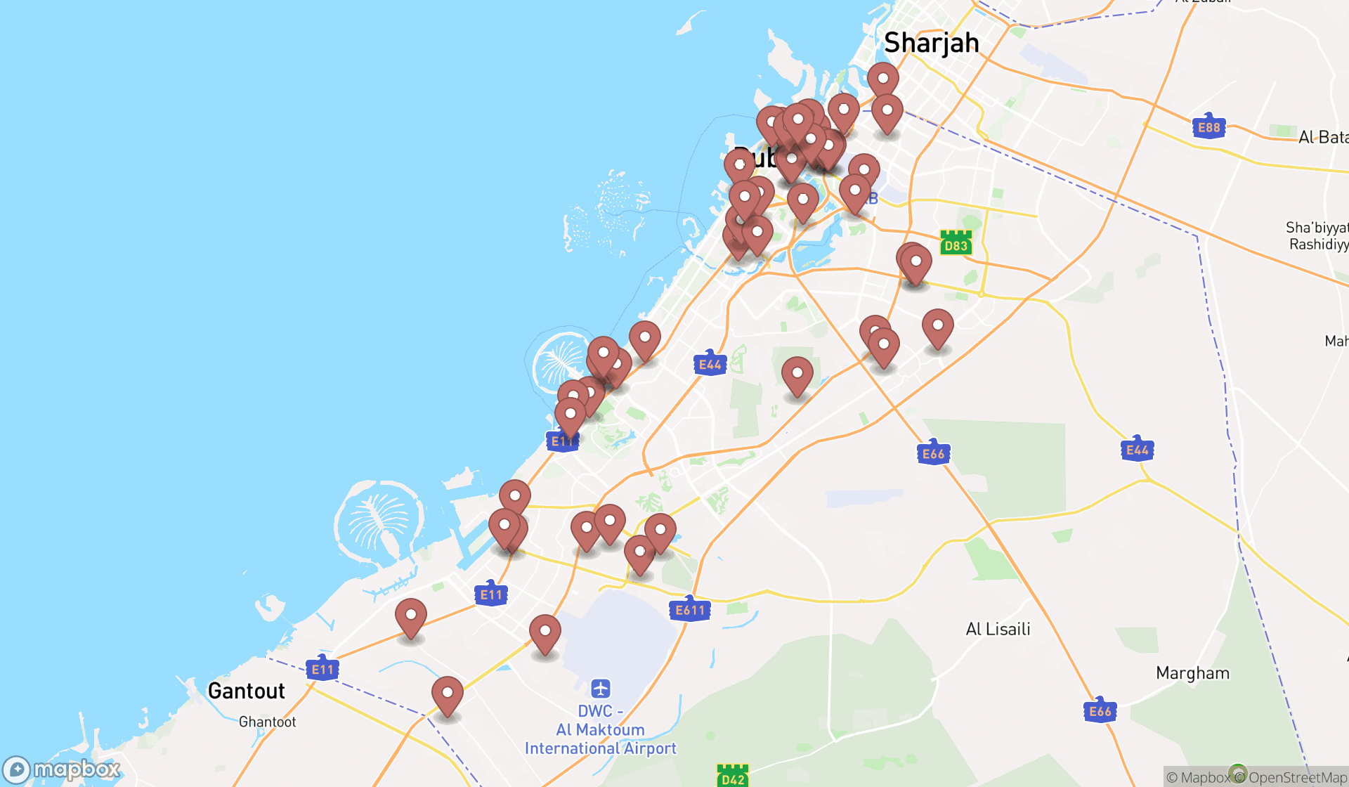 Map showing the search results in Dubai