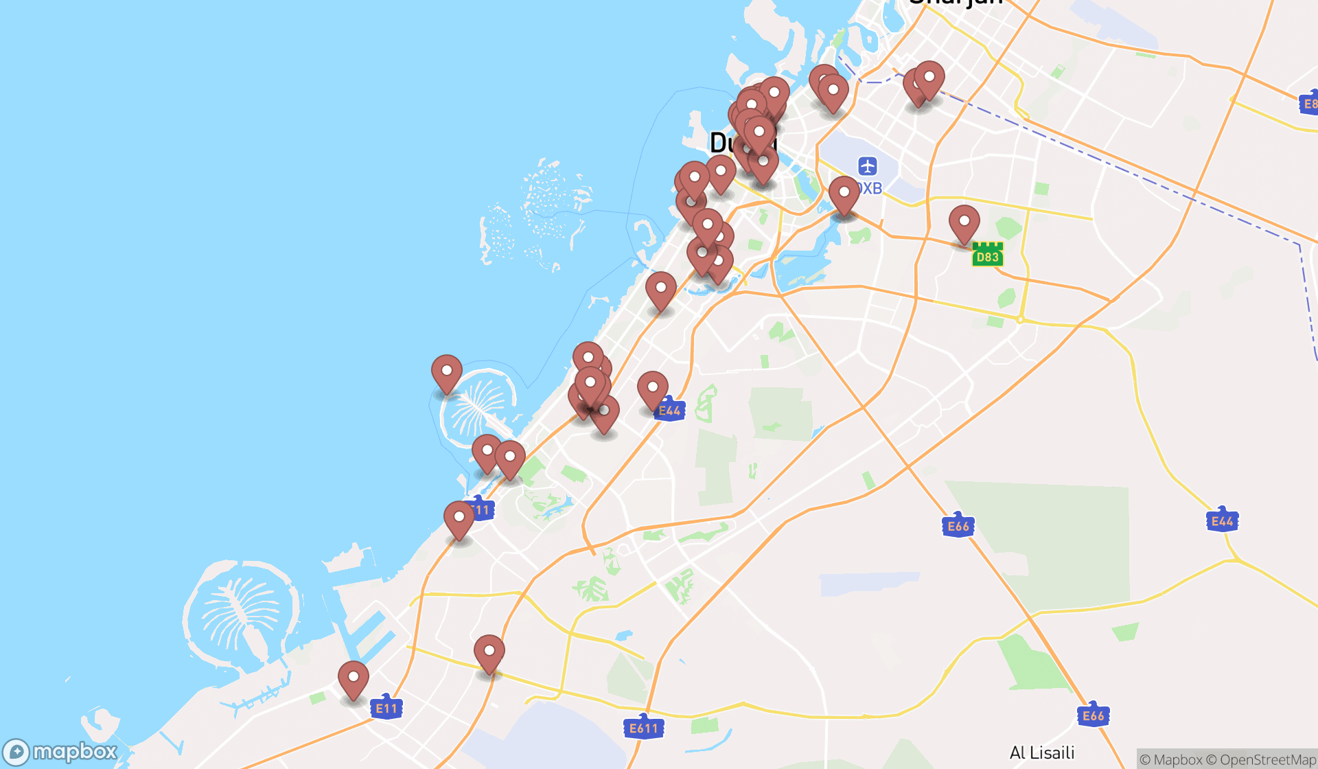 Map showing the search results in Dubai