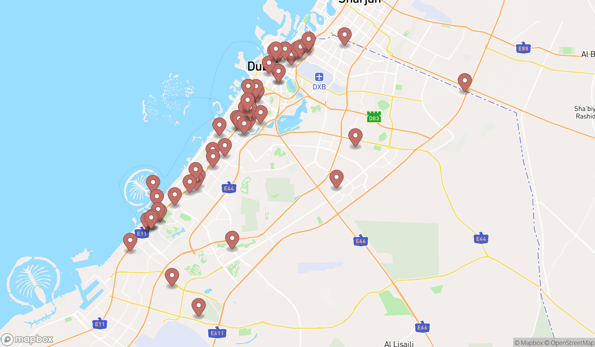Map showing the search results in Dubai