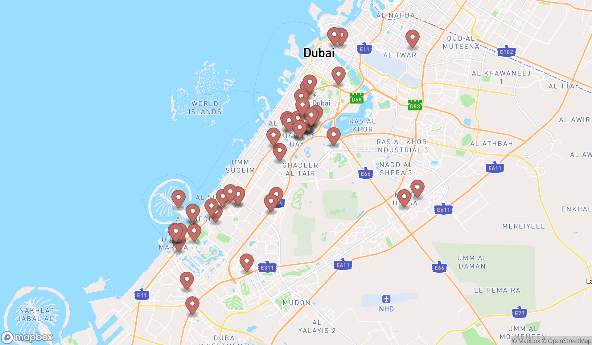 Map showing the search results in Dubai