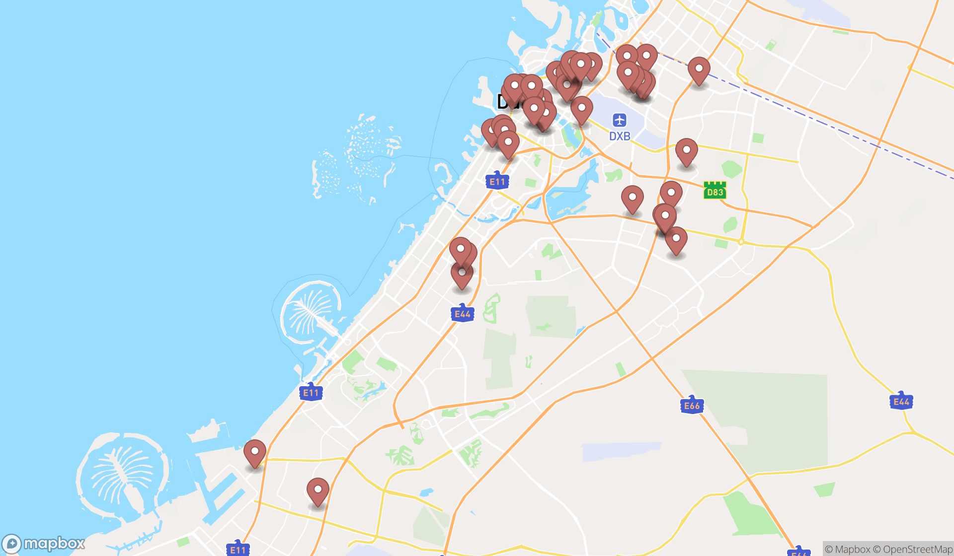 Map showing the search results in Dubai
