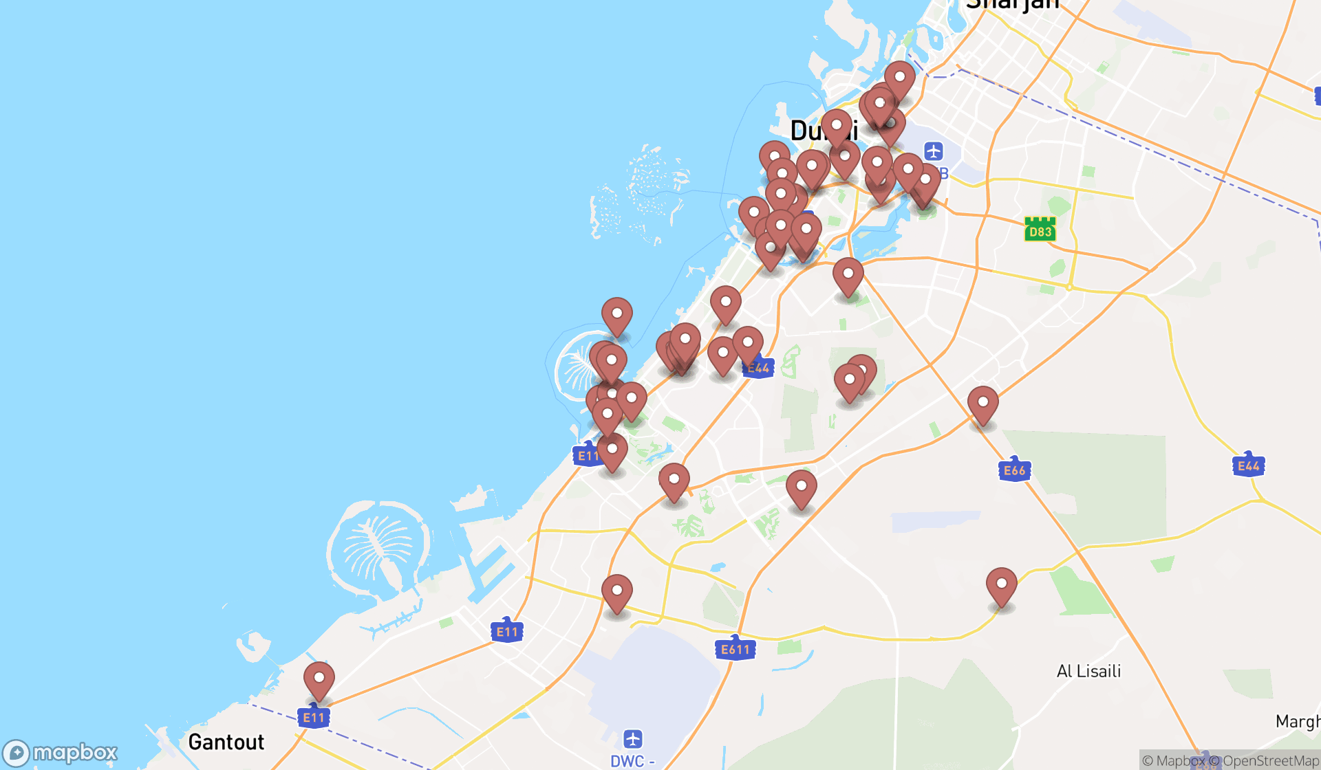 Map showing the search results in Dubai