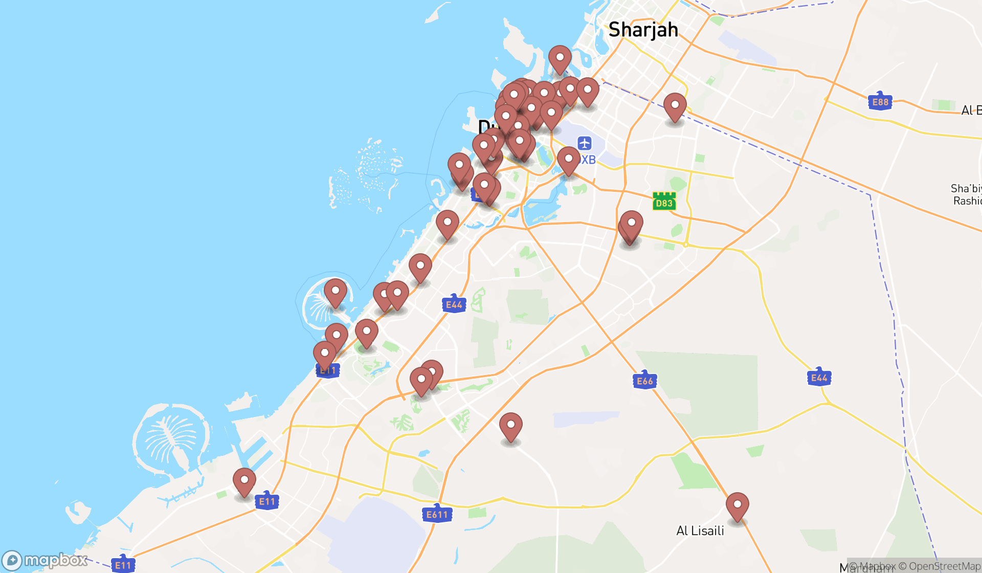 Map showing the search results in Dubai
