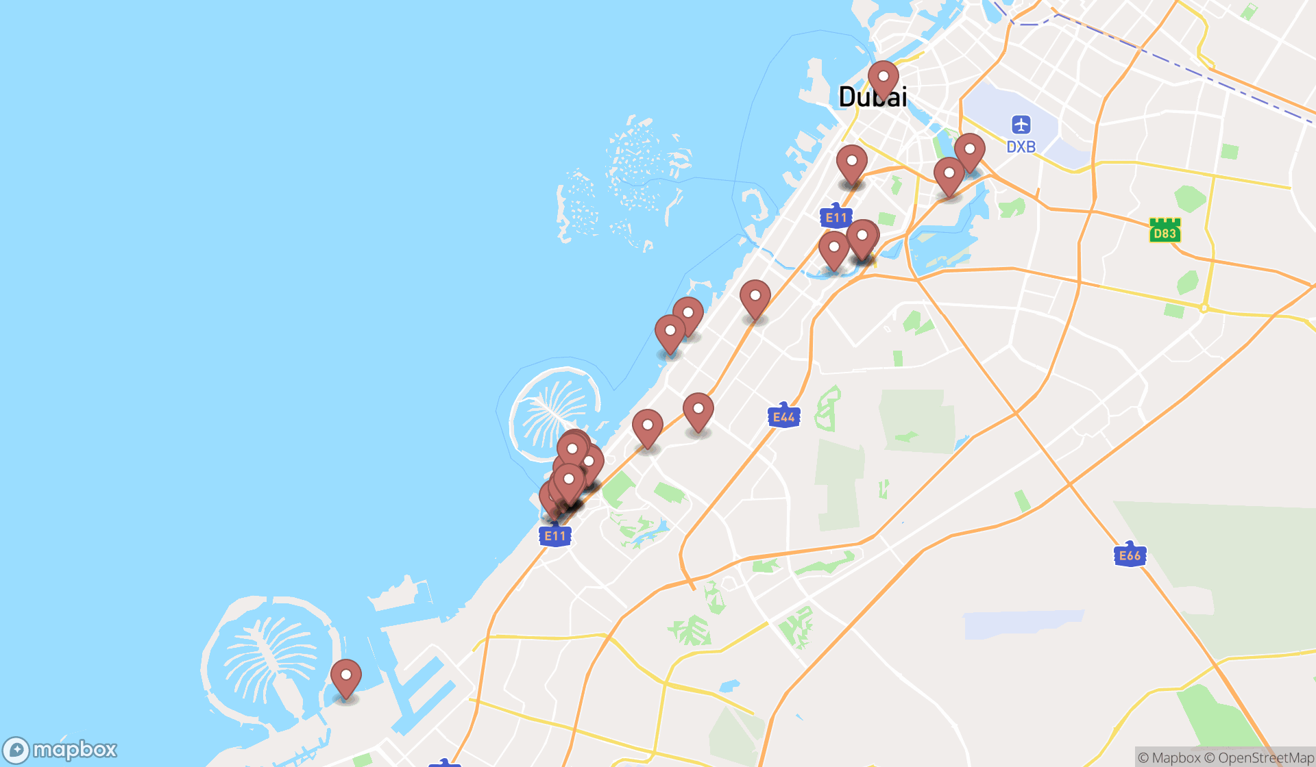 Map showing the search results in Dubai