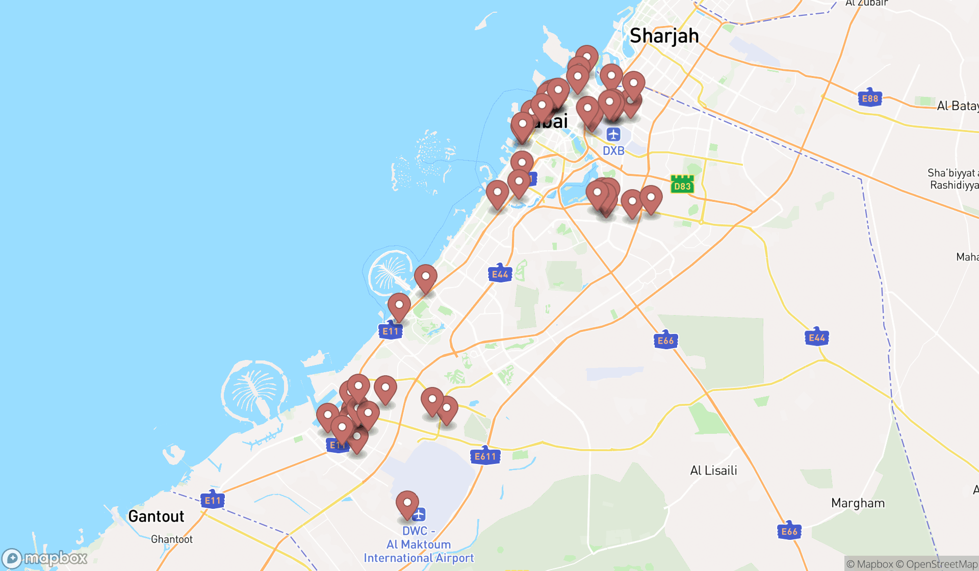 Map showing the search results in Dubai