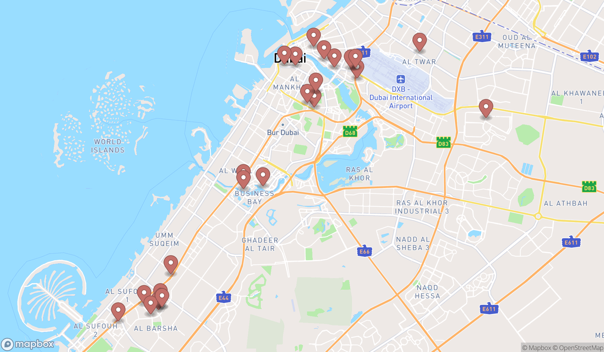 Map showing the search results in Dubai