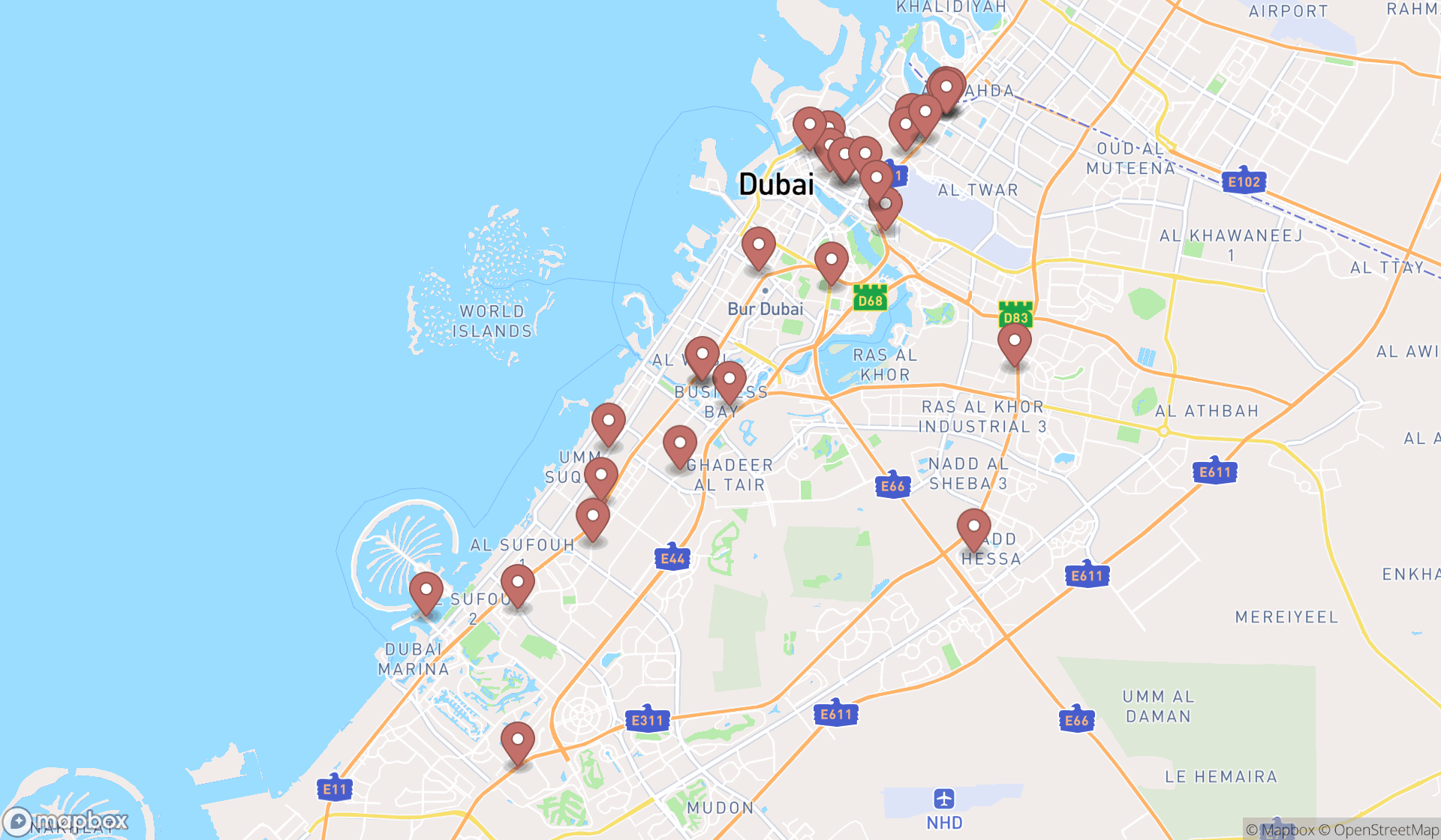 Map showing the search results in Dubai