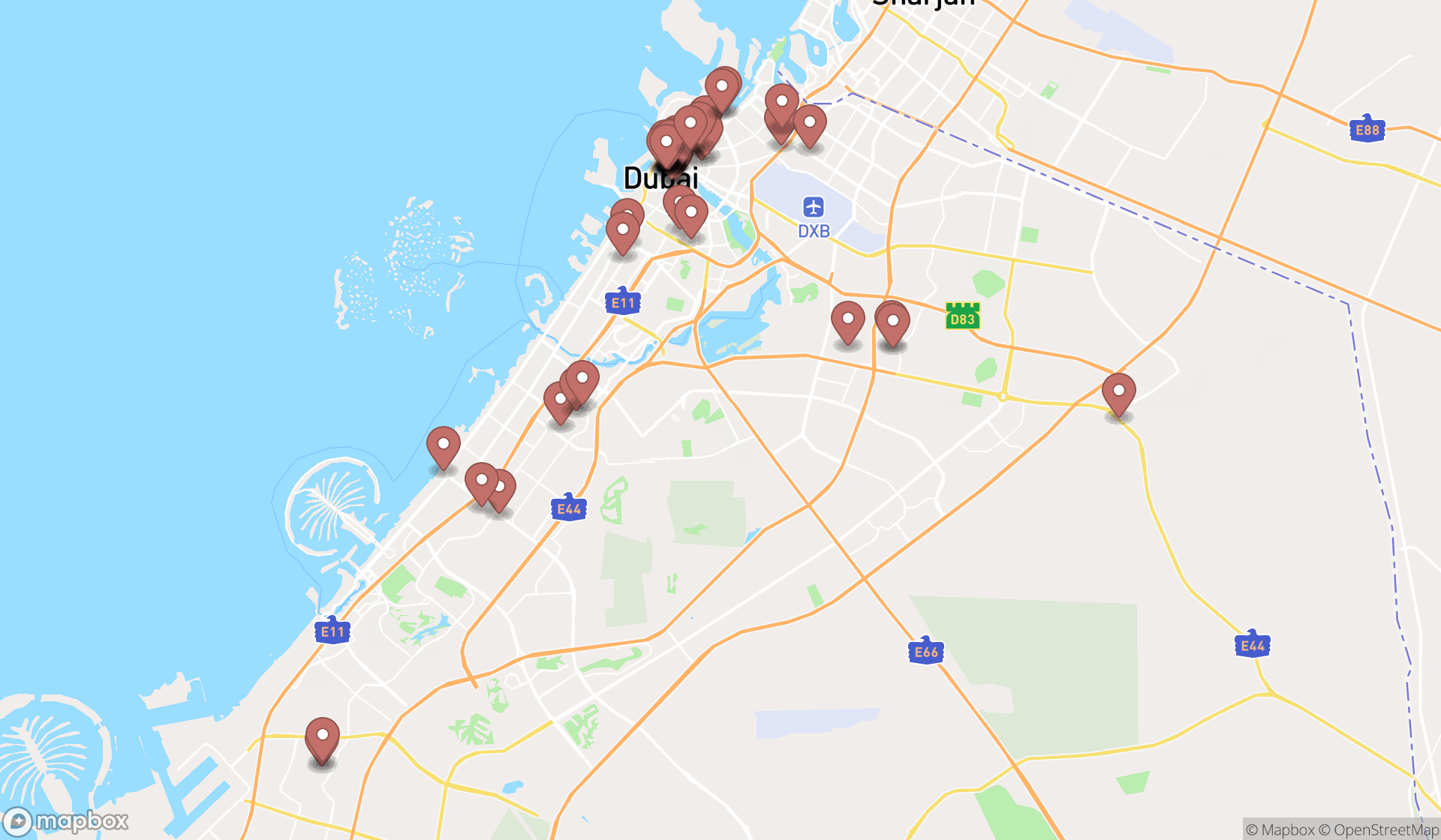 Map showing the search results in Dubai