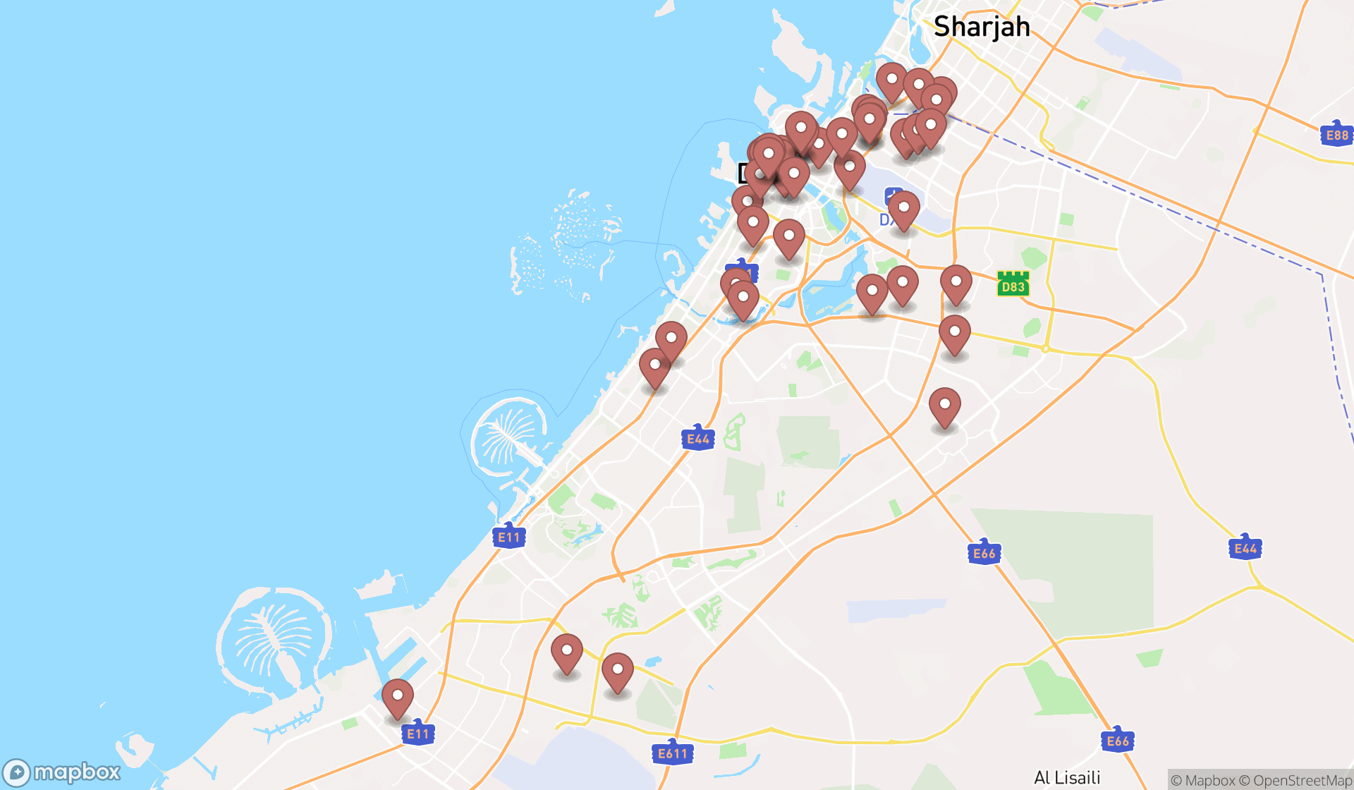 Map showing the search results in Dubai