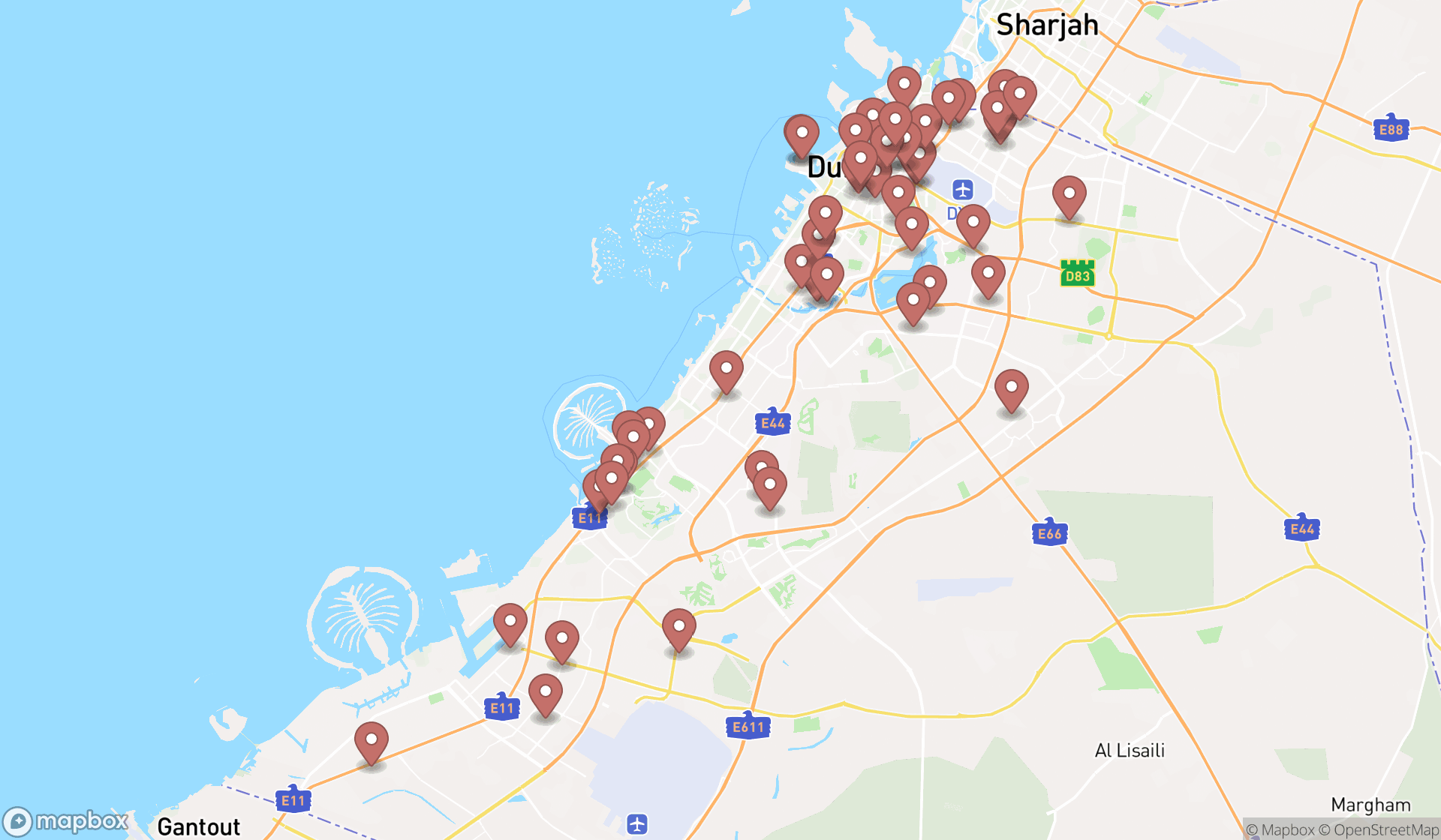 Map showing the search results in Dubai