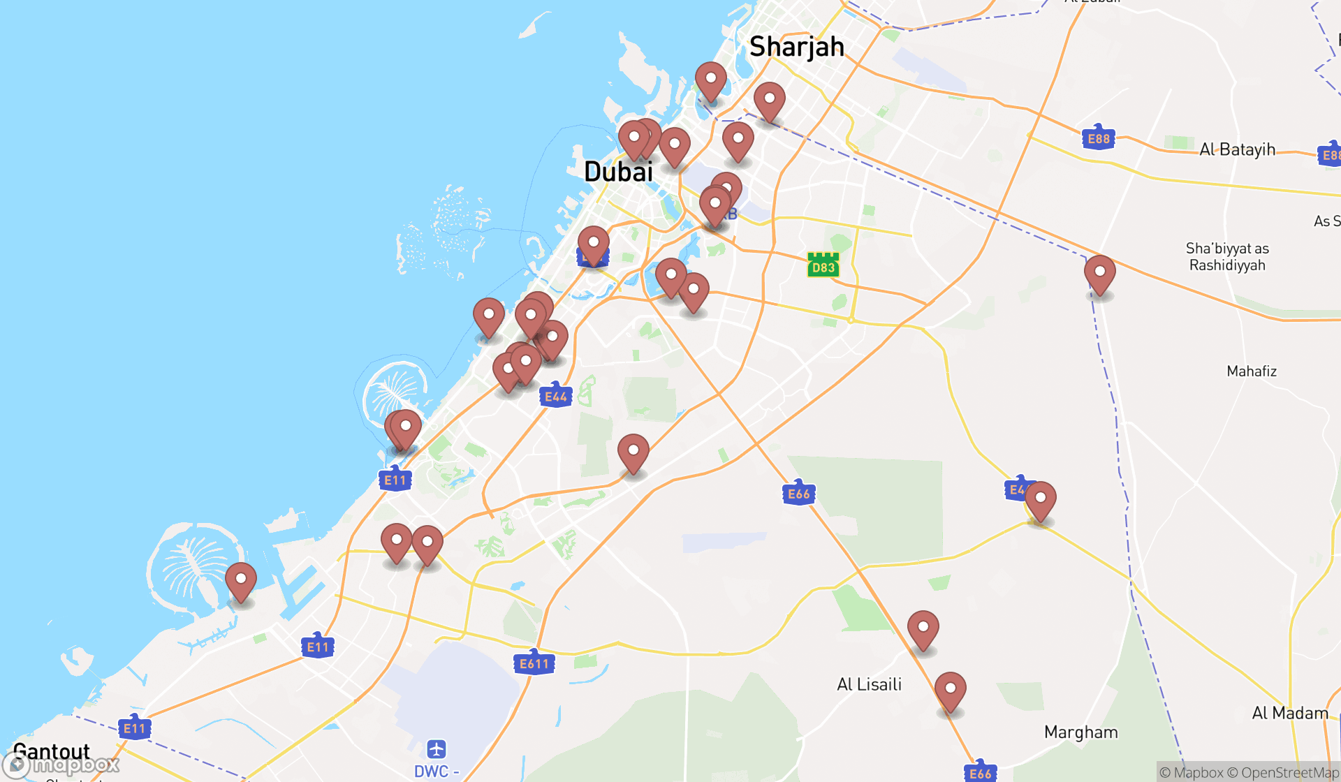 Map showing the search results in Dubai