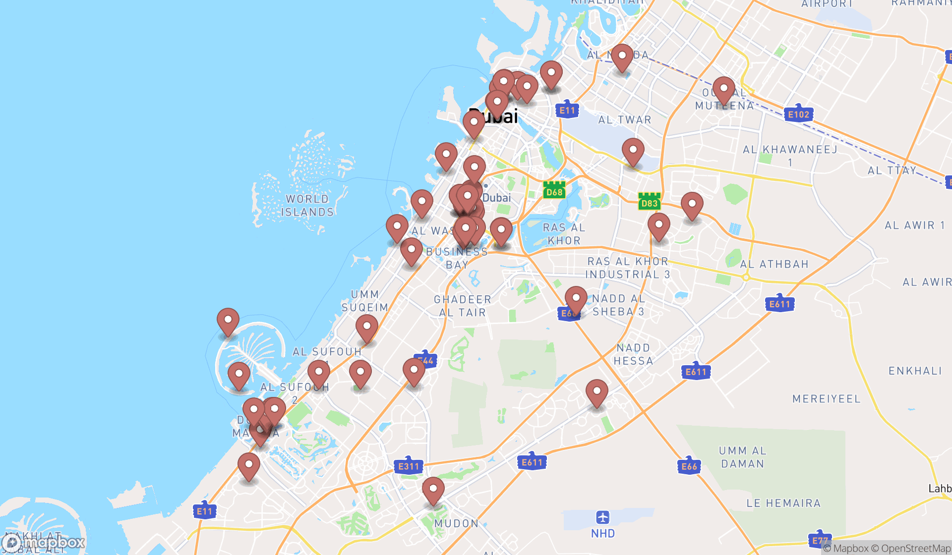 Map showing the search results in Dubai