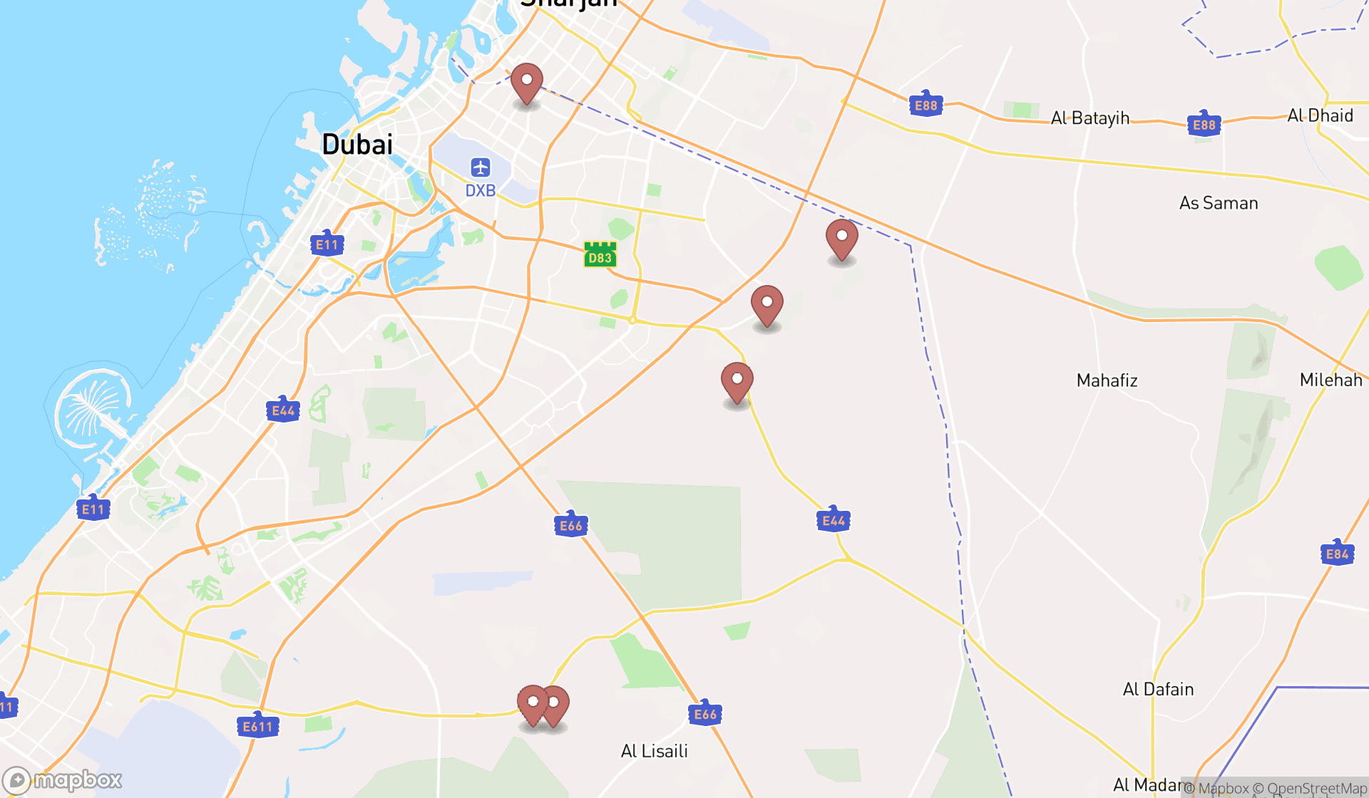 Map showing the search results in Dubai