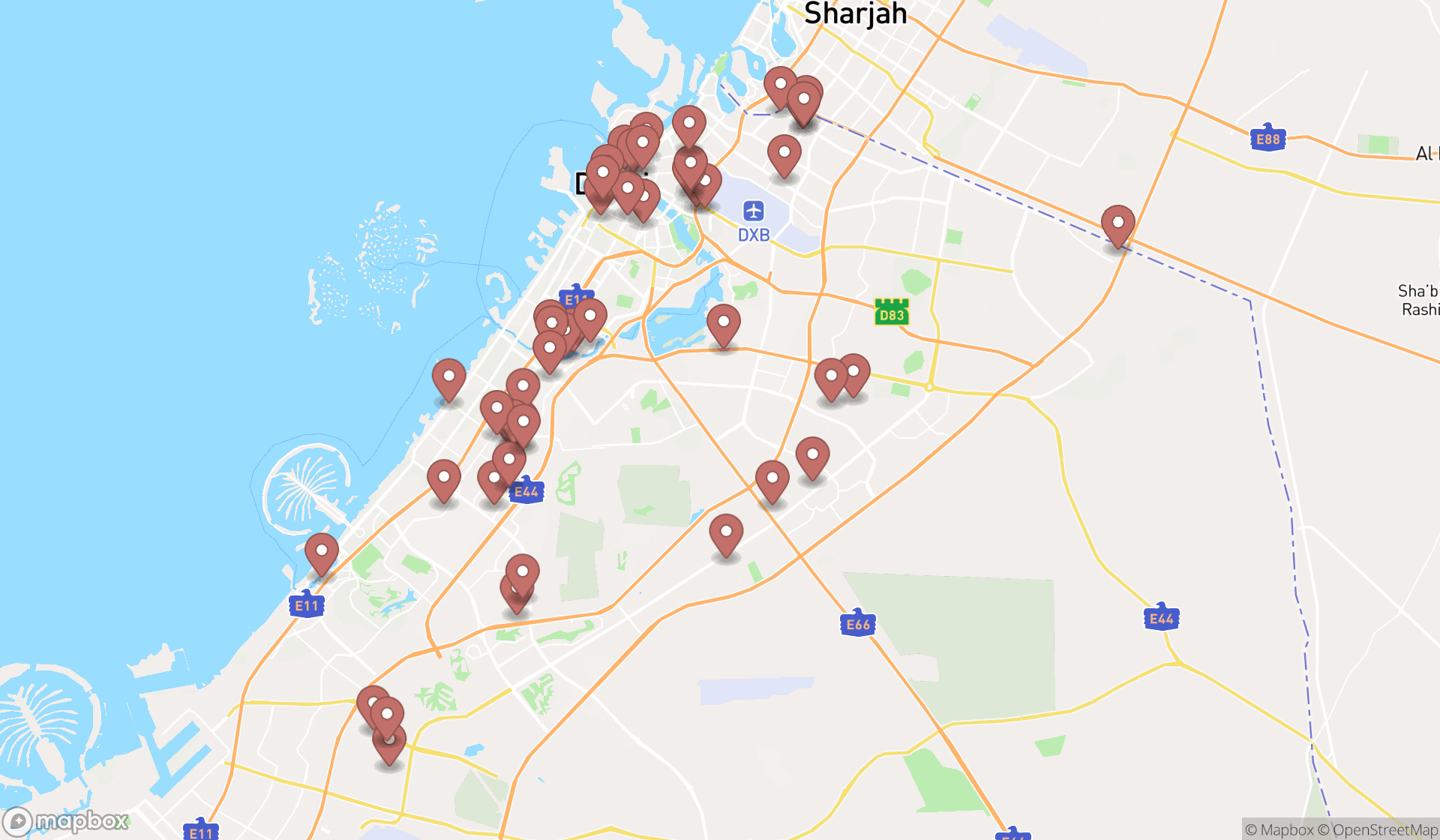 Map showing the search results in Dubai
