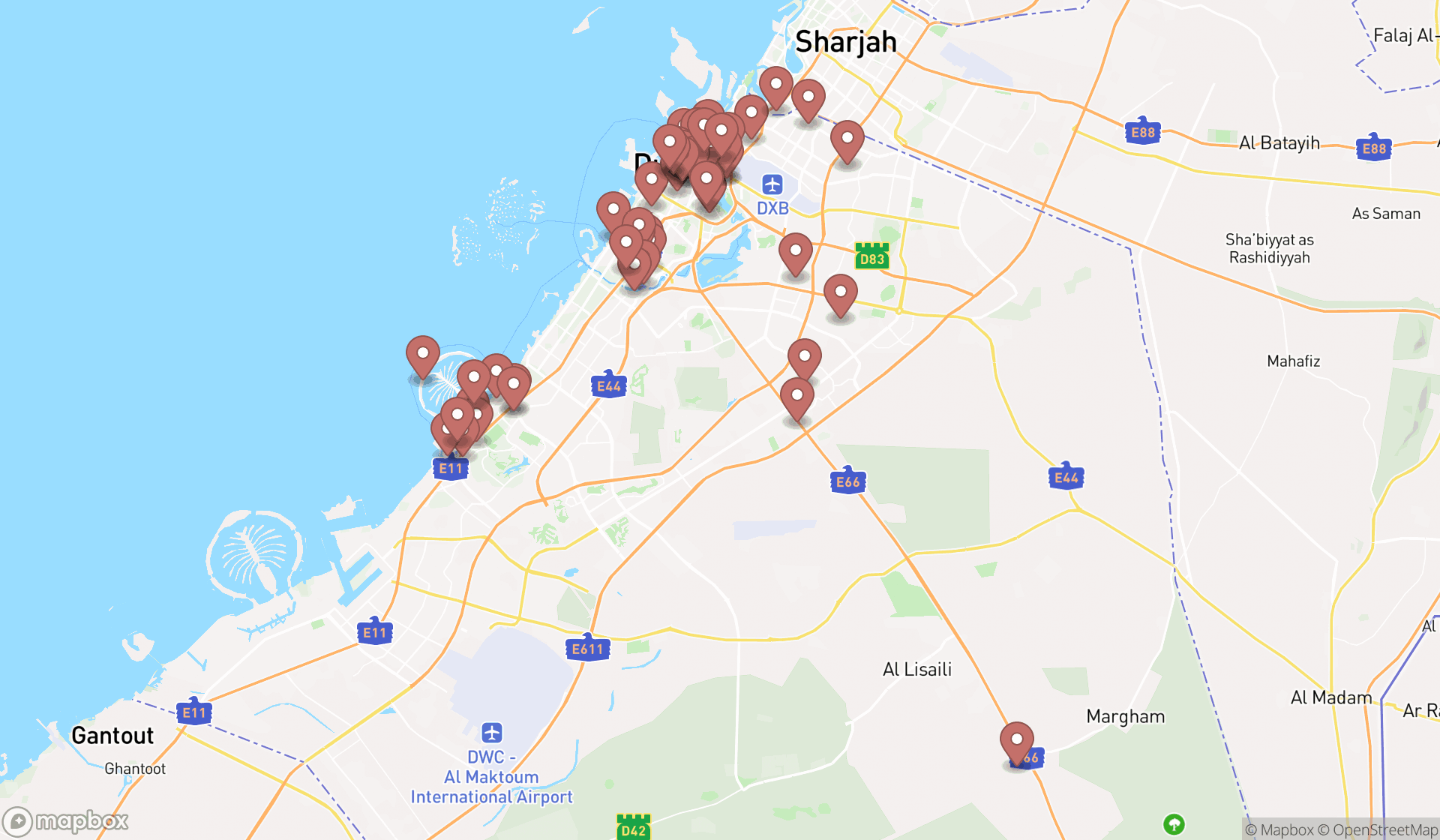 Map showing the search results in Dubai