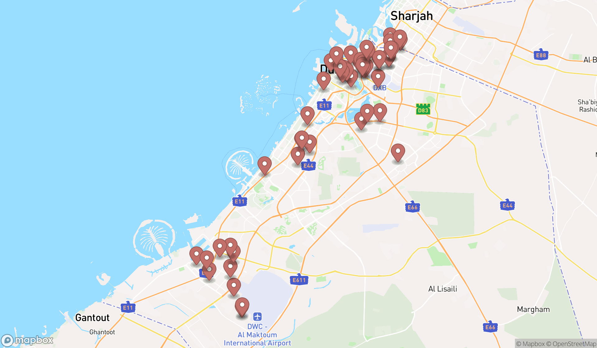 Map showing the search results in Dubai