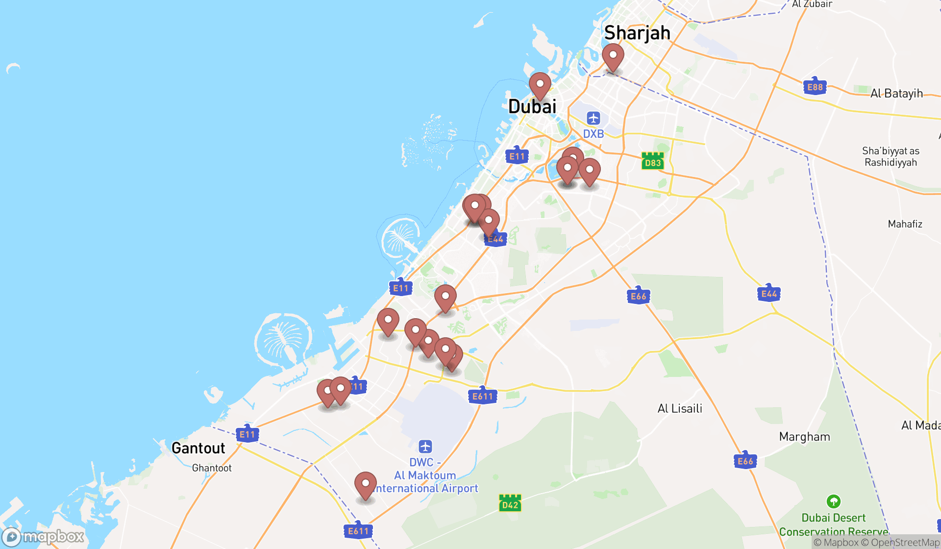Map showing the search results in Dubai