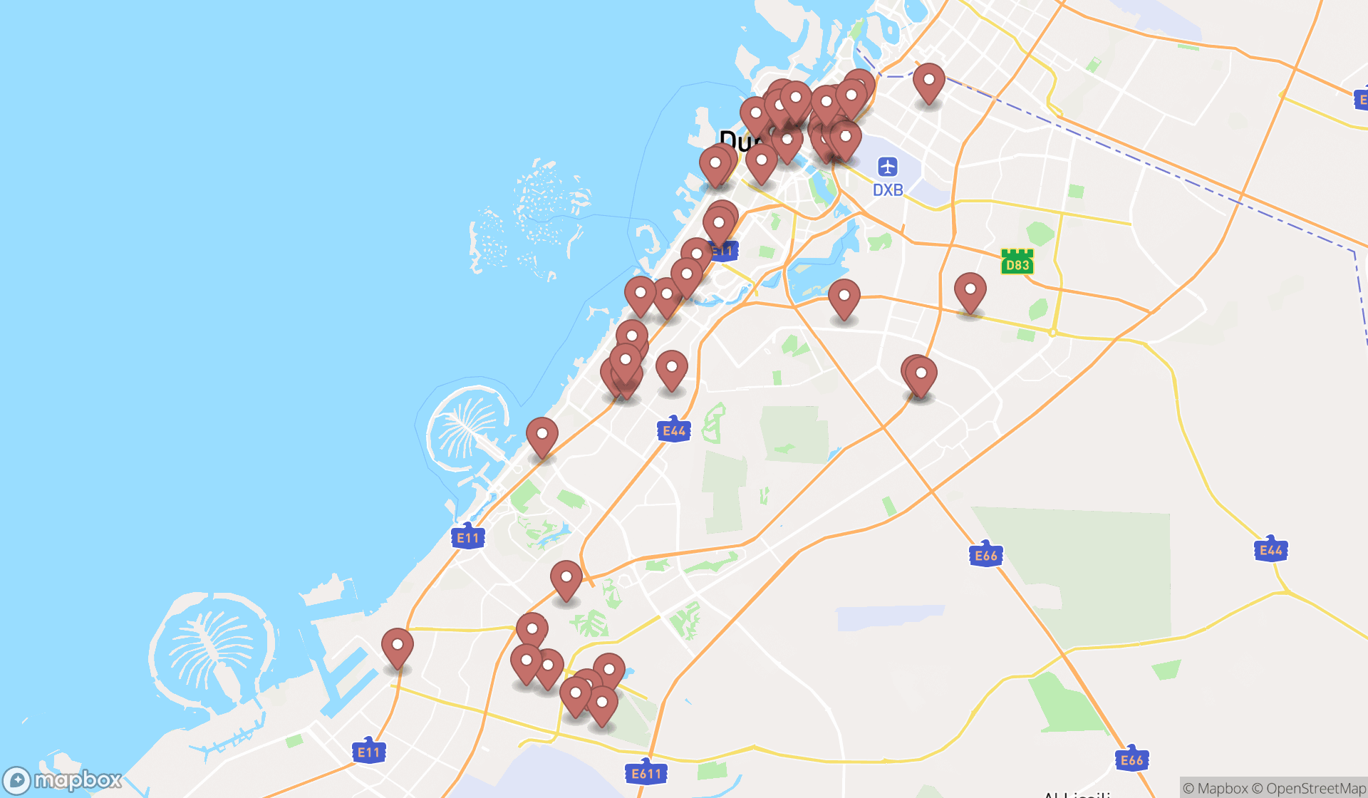Map showing the search results in Dubai