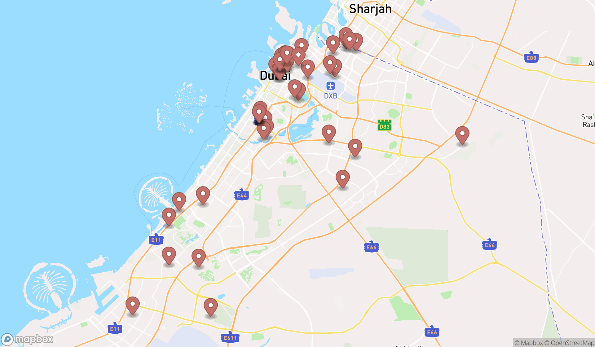 Map showing the search results in Dubai