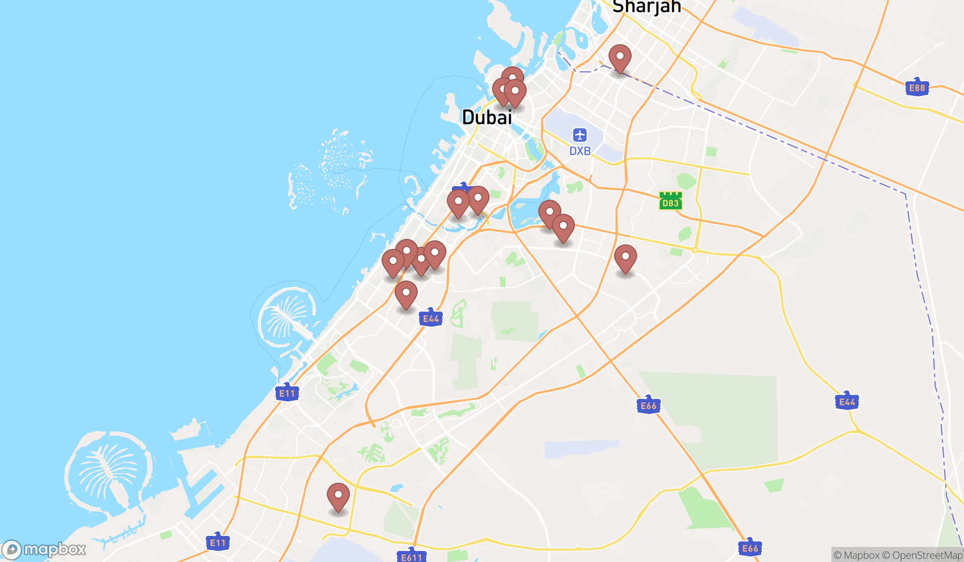 Map showing the search results in Dubai