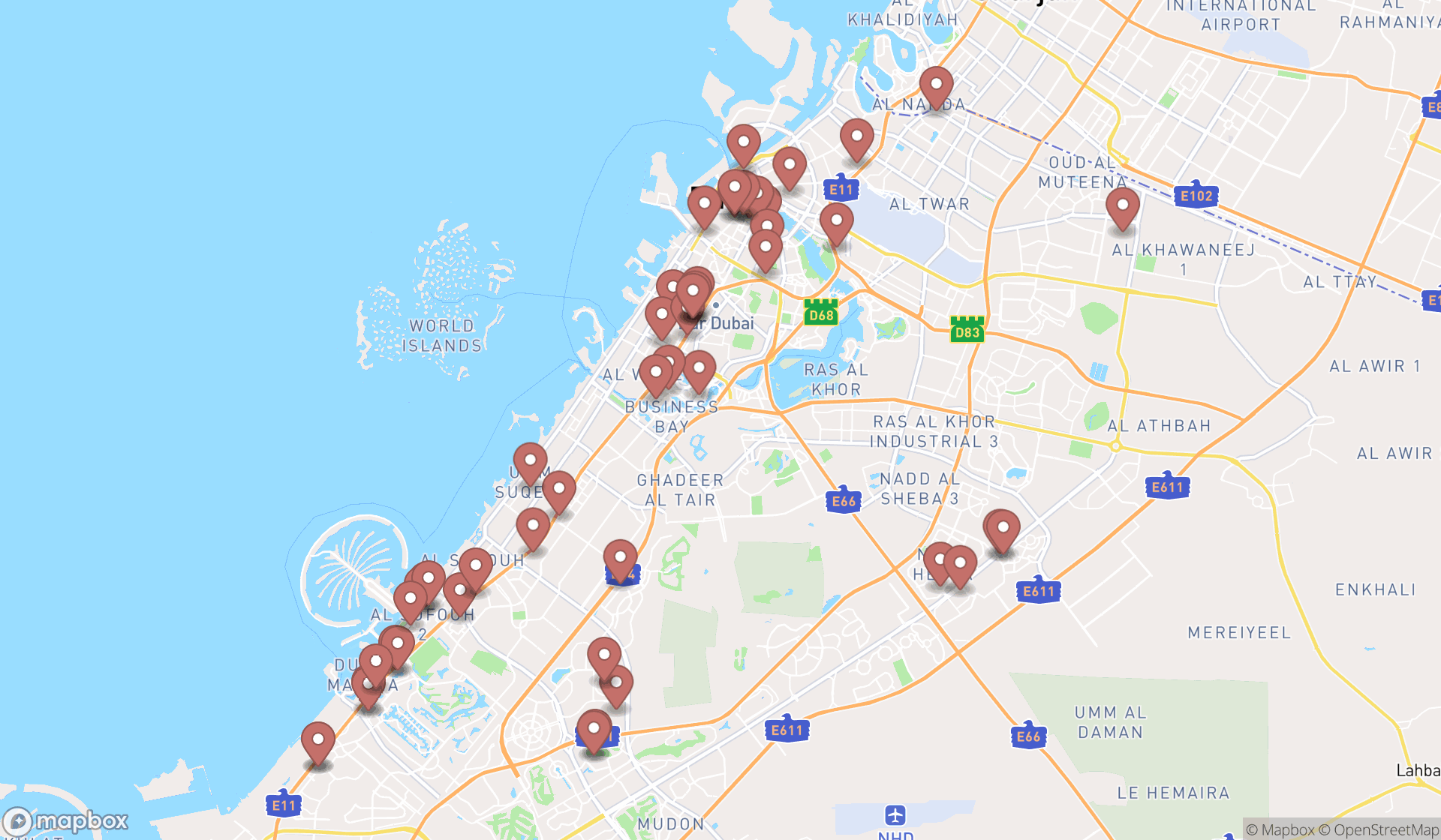 Map showing the search results in Dubai