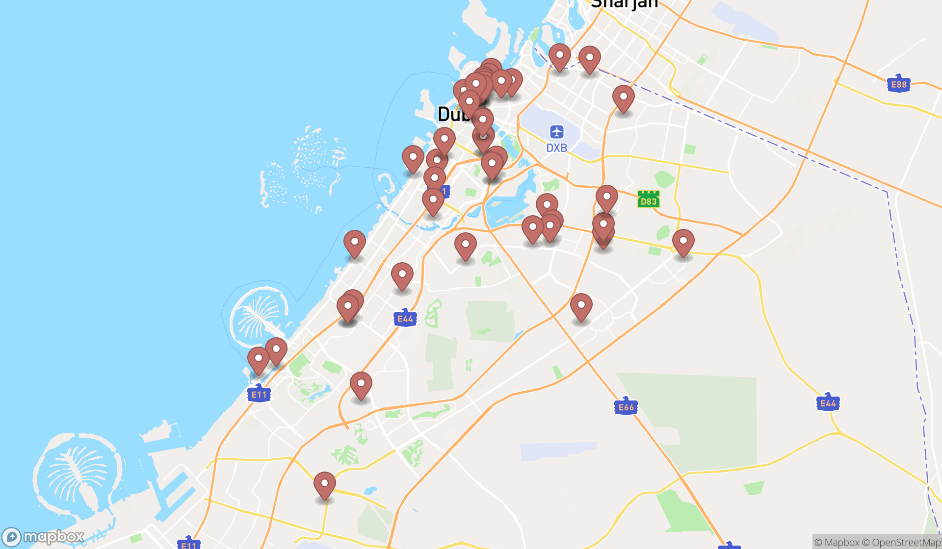 Map showing the search results in Dubai