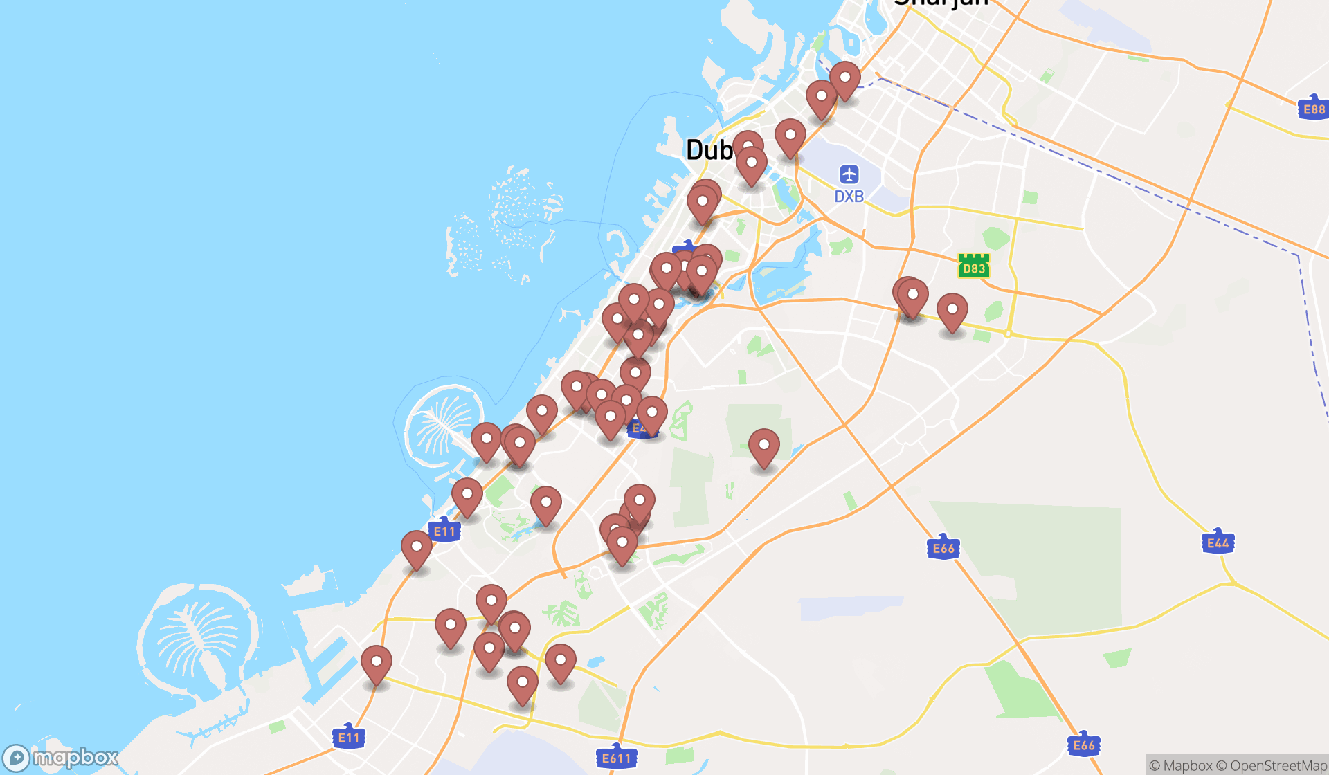 Map showing the search results in Dubai