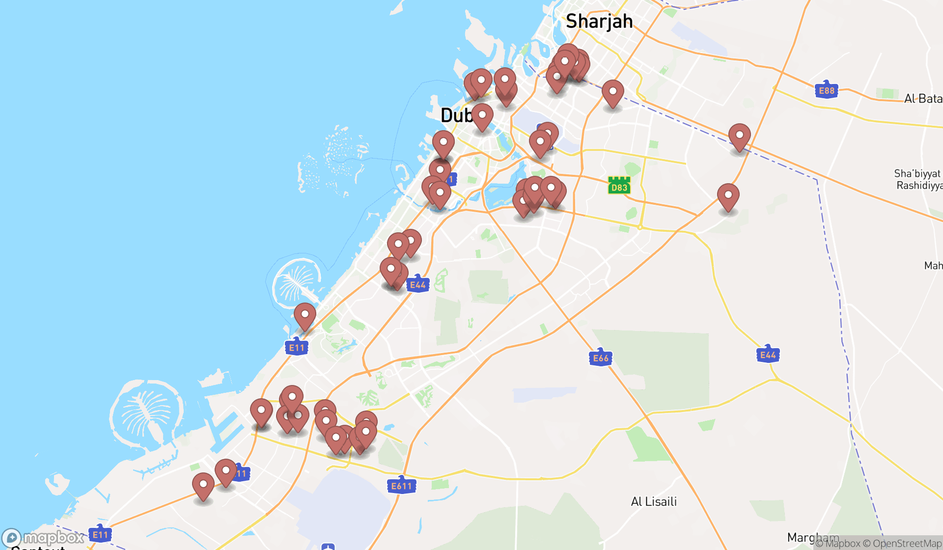 Map showing the search results in Dubai