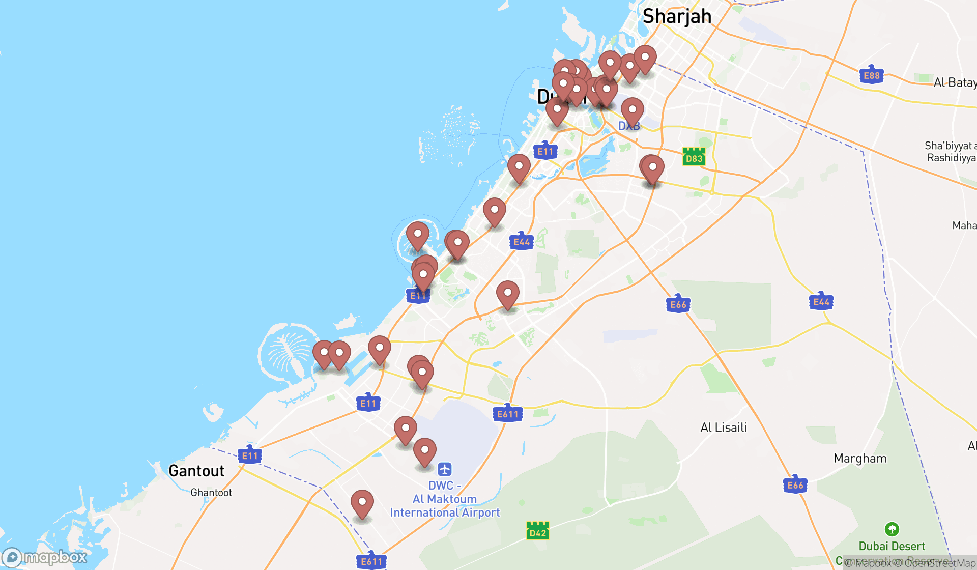 Map showing the search results in Dubai