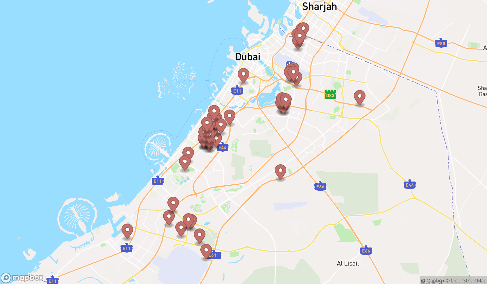 Map showing the search results in Dubai