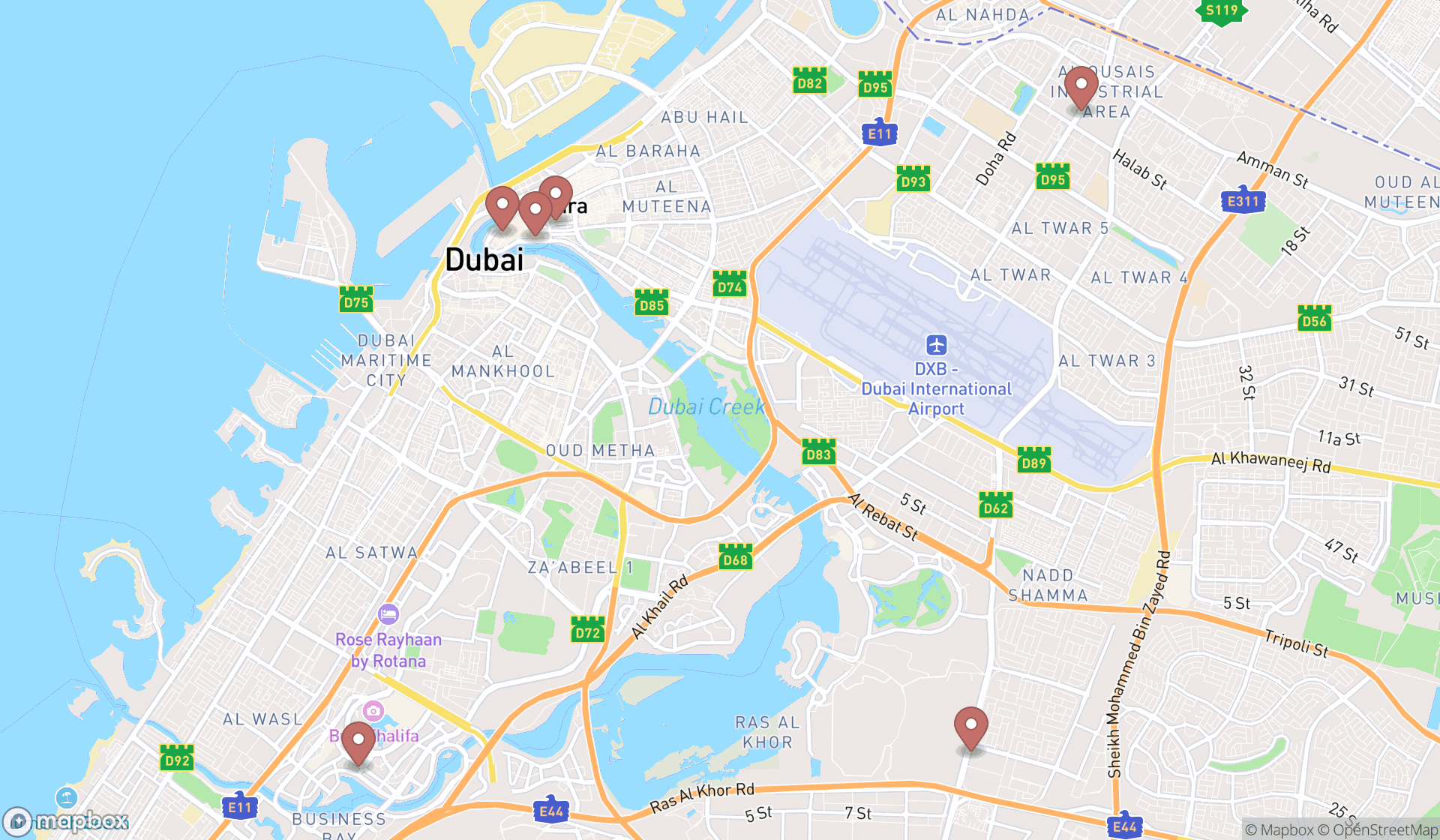 Map showing the search results in Dubai
