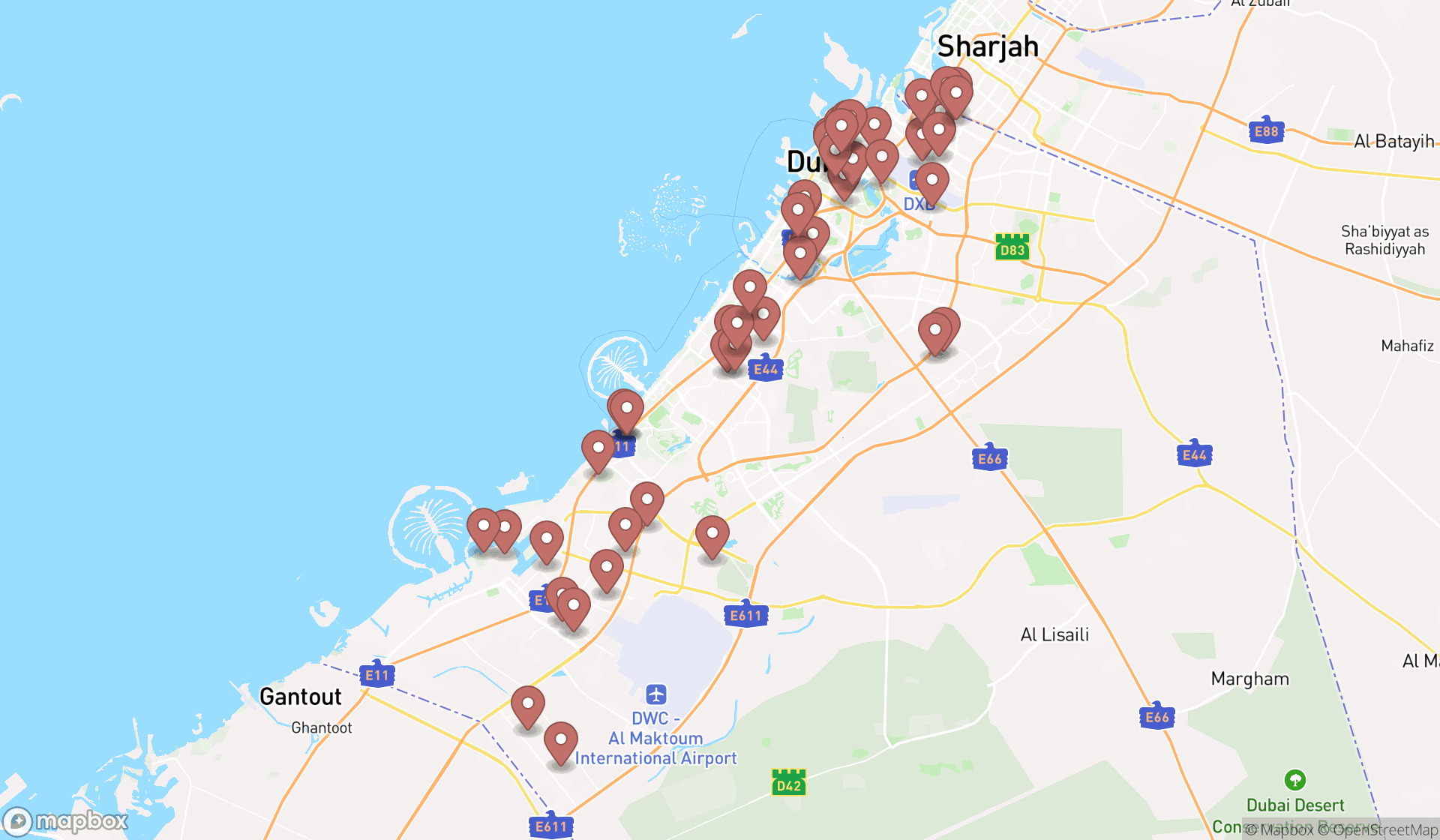Map showing the search results in Dubai