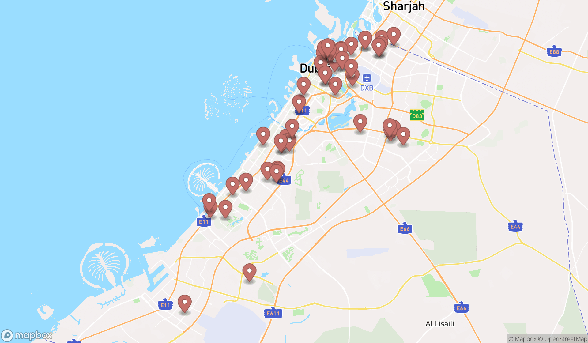 Map showing the search results in Dubai