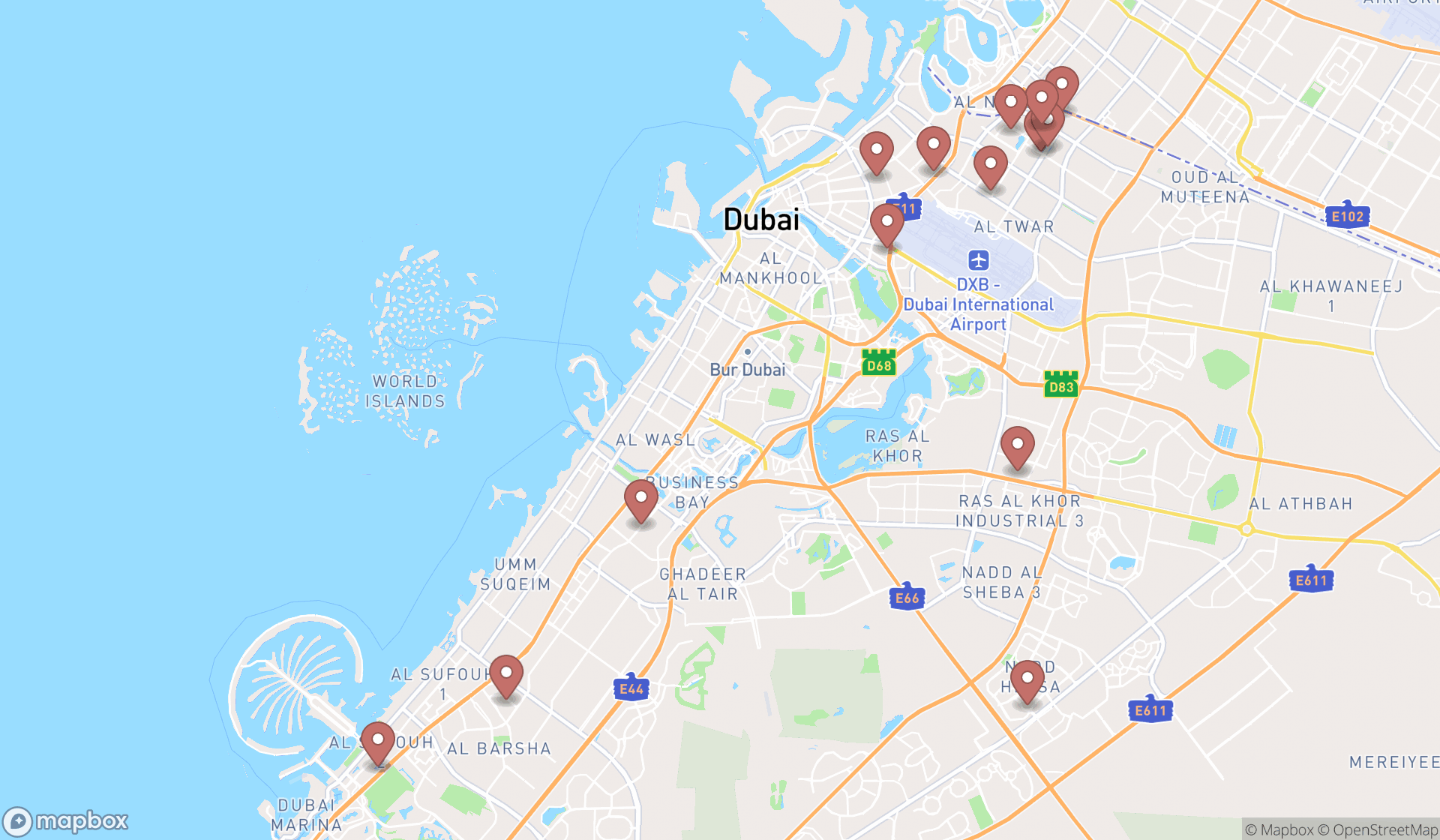 Map showing the search results in Dubai