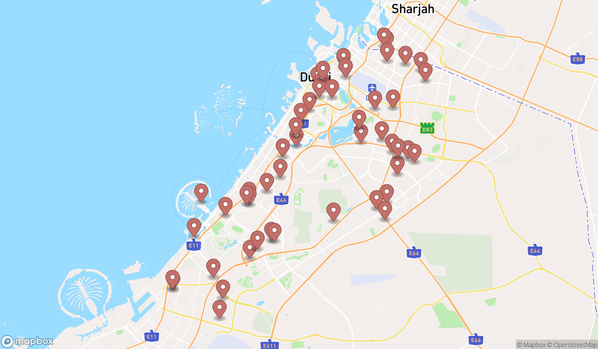 Map showing the search results in Dubai