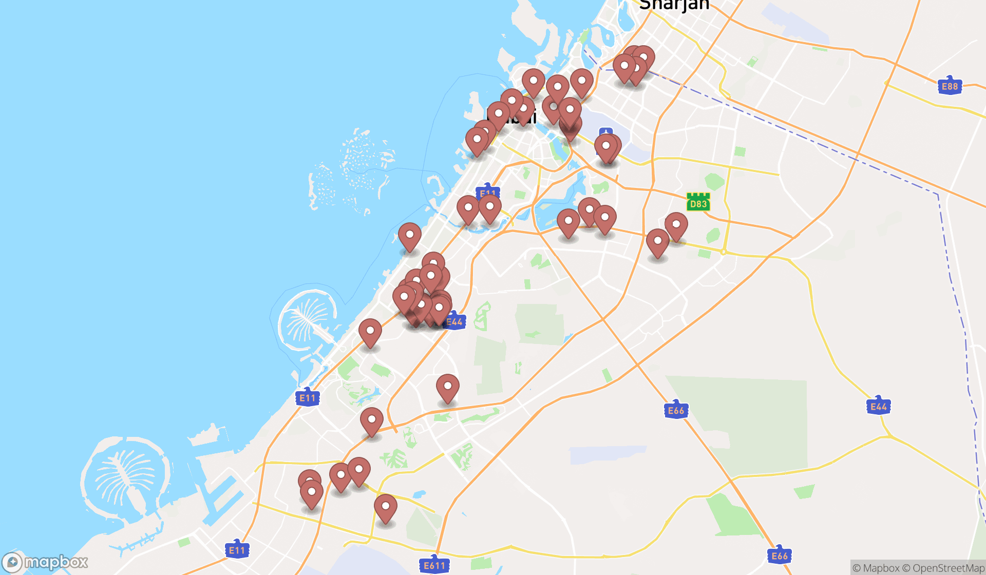 Map showing the search results in Dubai