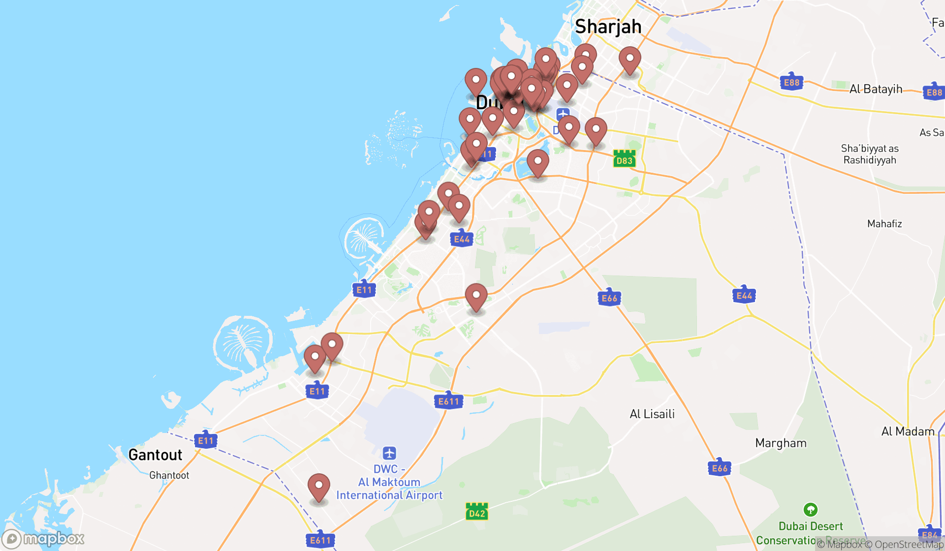 Map showing the search results in Dubai