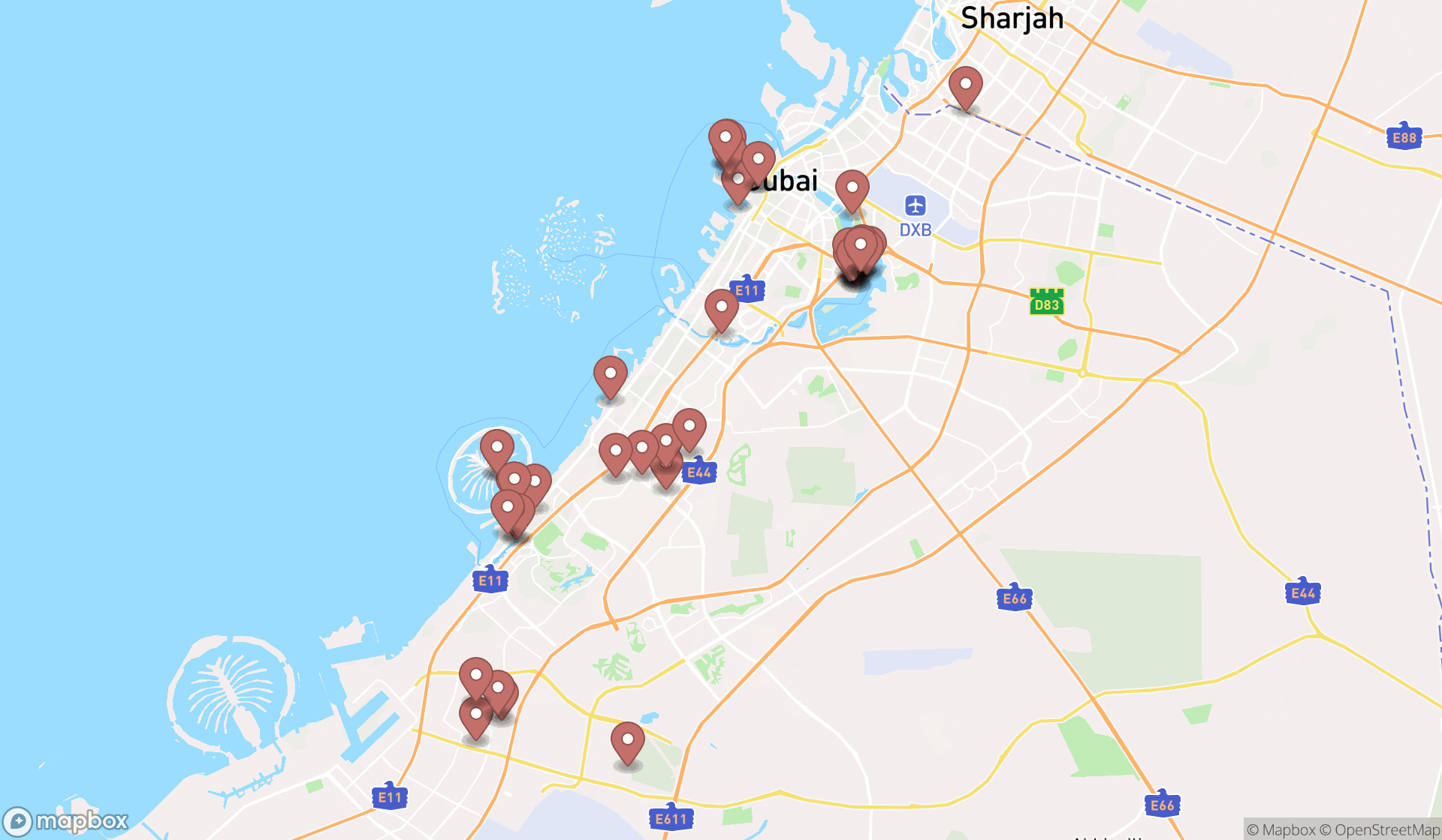 Map showing the search results in Dubai