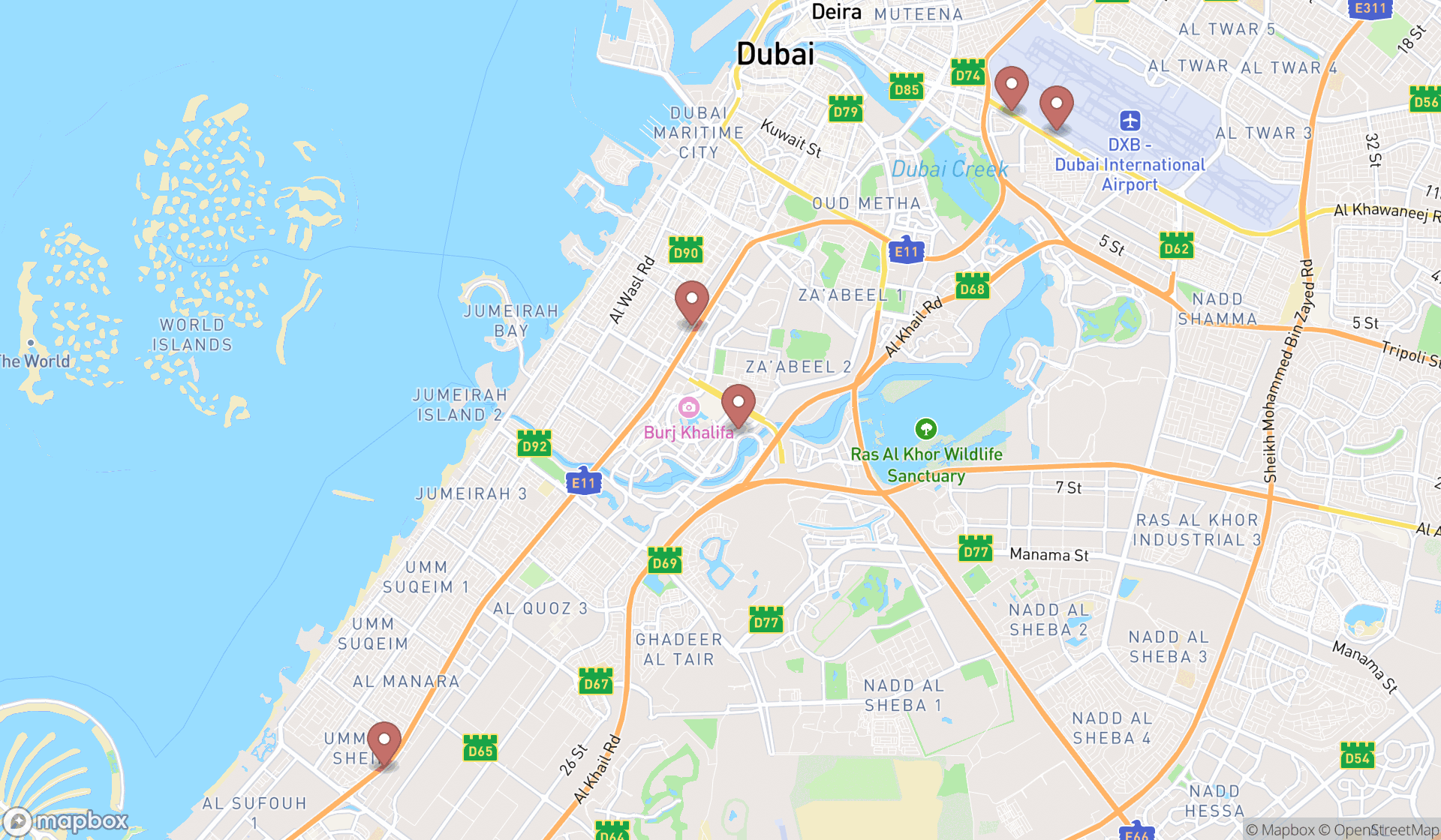 Map showing the search results in Dubai