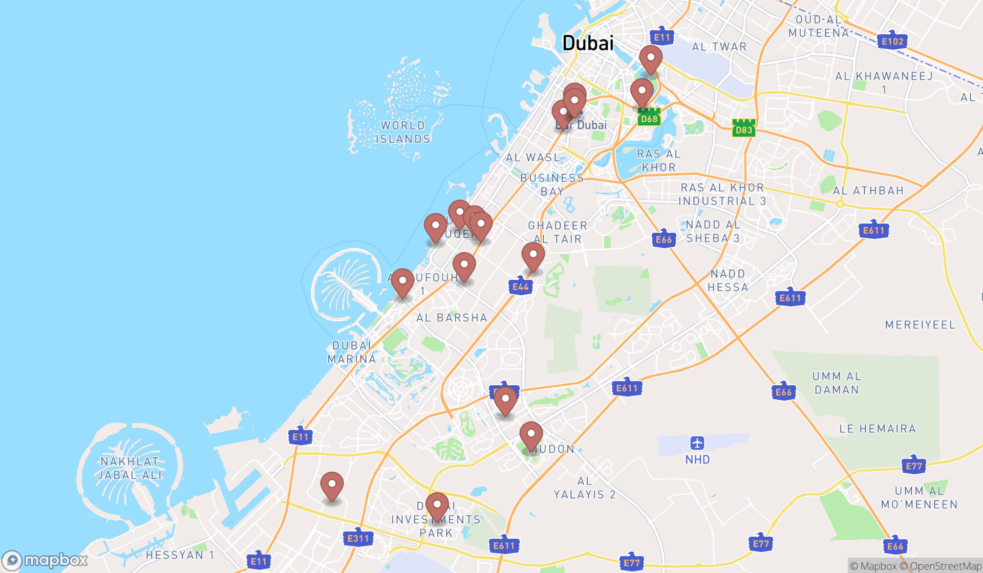 Map showing the search results in Dubai