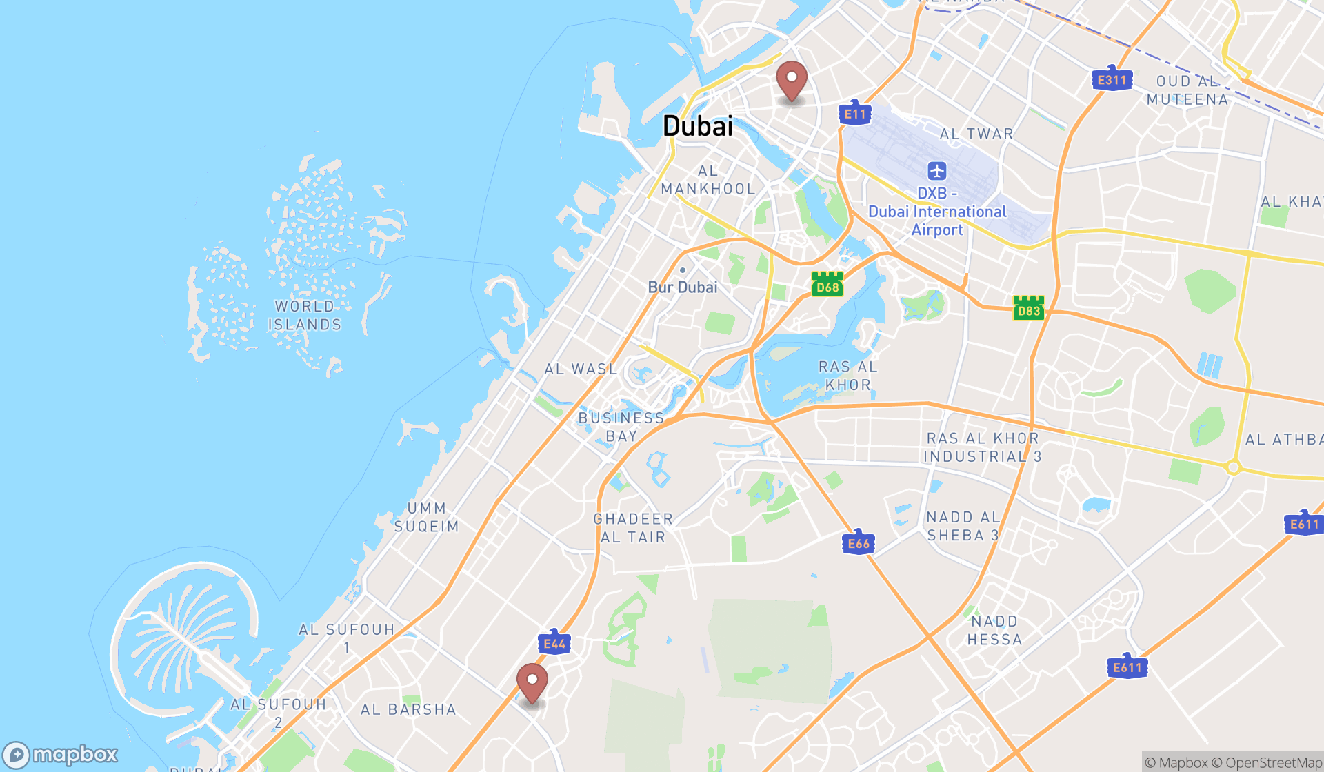 Map showing the search results in Dubai