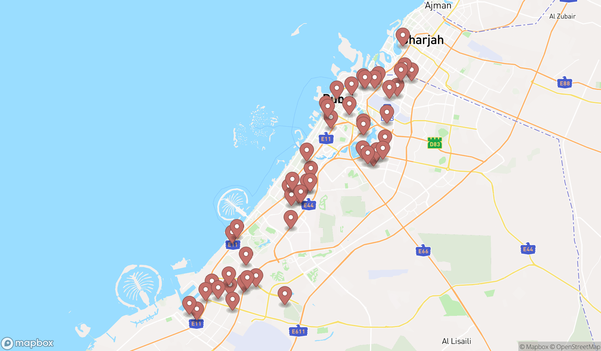Map showing the search results in Dubai