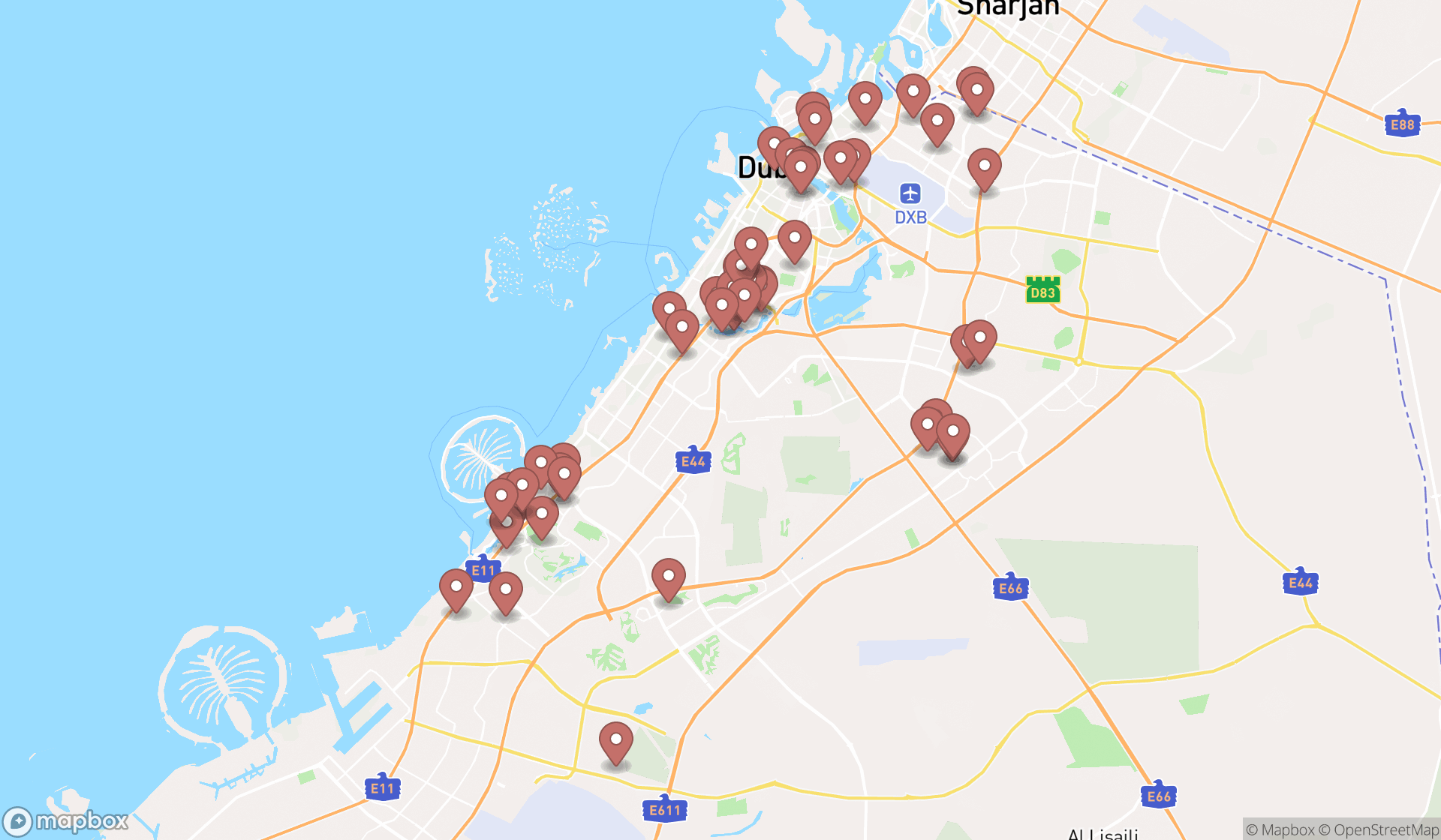 Map showing the search results in Dubai